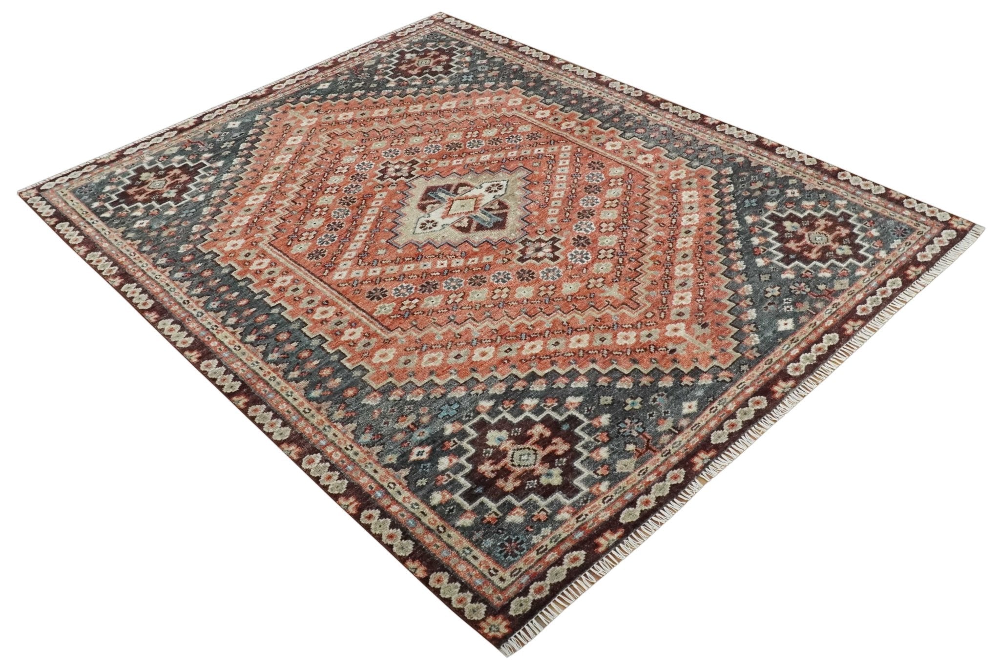 Custom Made Turkish Style Rust and Charcoal Traditional Medallion Hand knotted wool Area Rug - The Rug Decor