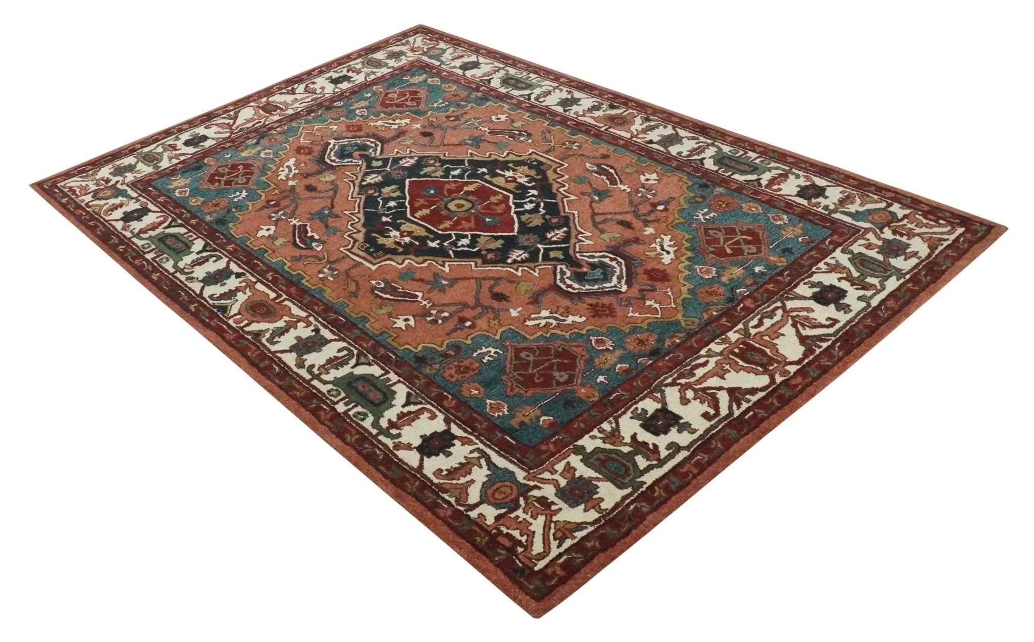 Custom Made Vintage Style Black, Rust, Teal and Ivory Hand Tufted Traditional wool Area Rug - The Rug Decor
