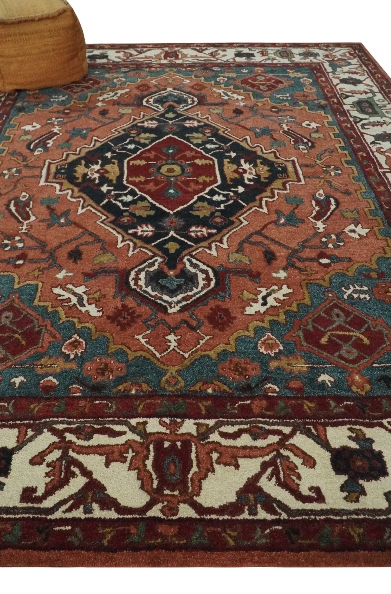 Custom Made Vintage Style Black, Rust, Teal and Ivory Hand Tufted Traditional wool Area Rug - The Rug Decor