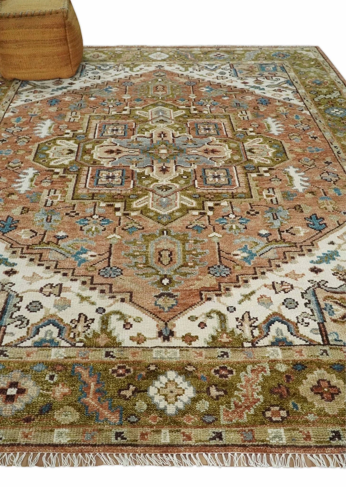 Custom Made Vintage Style Olive, Rust, and Ivory Hand knotted Traditional wool Area Rug