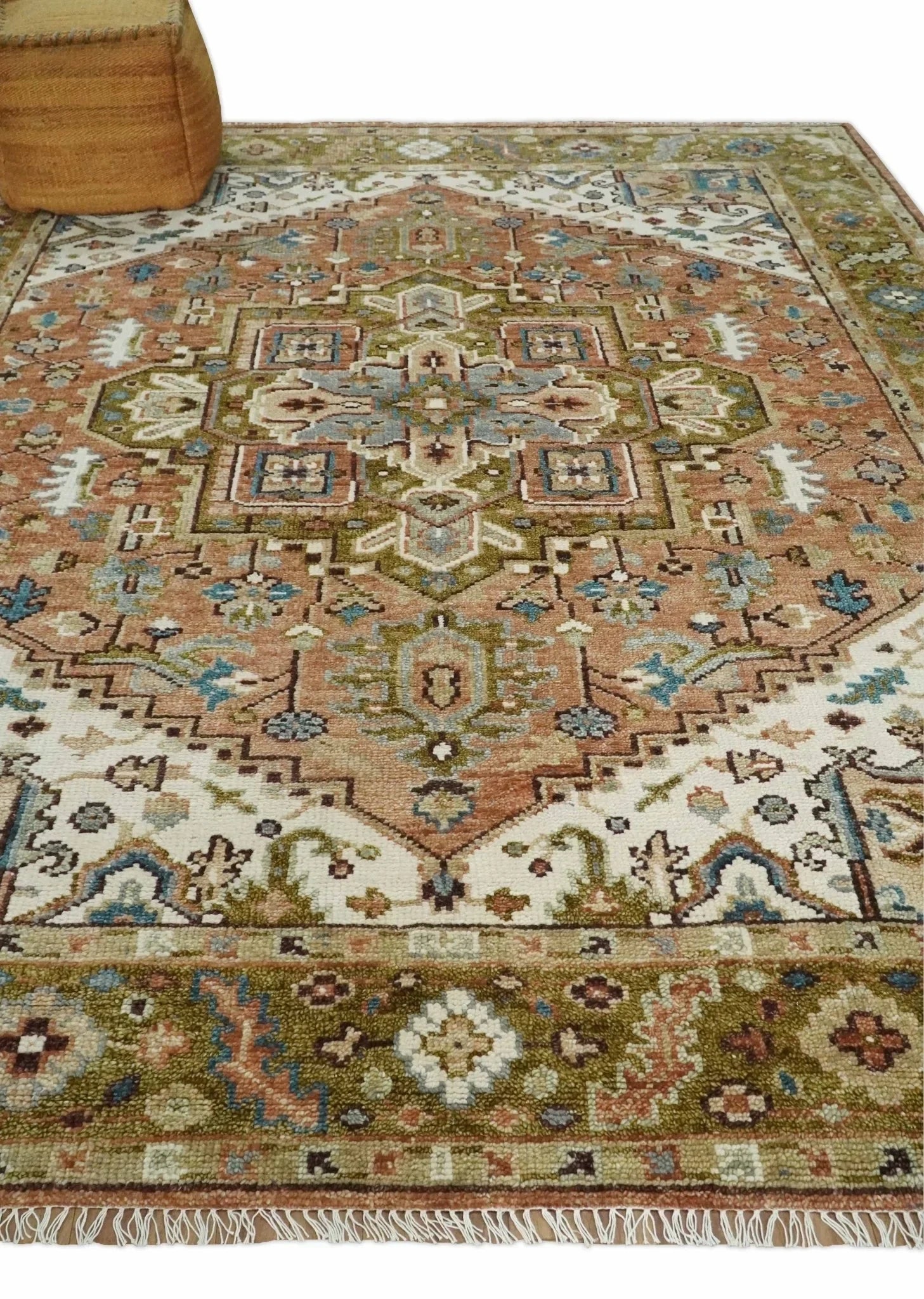 Custom Made Vintage Style Olive, Rust, and Ivory Hand knotted Traditional wool Area Rug
