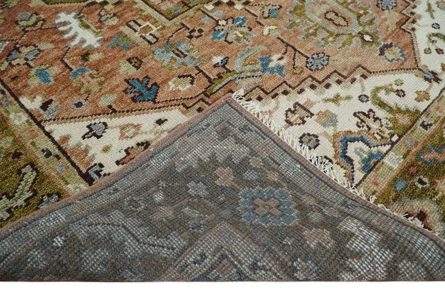 Custom Made Vintage Style Olive, Rust, and Ivory Hand knotted Traditional wool Area Rug