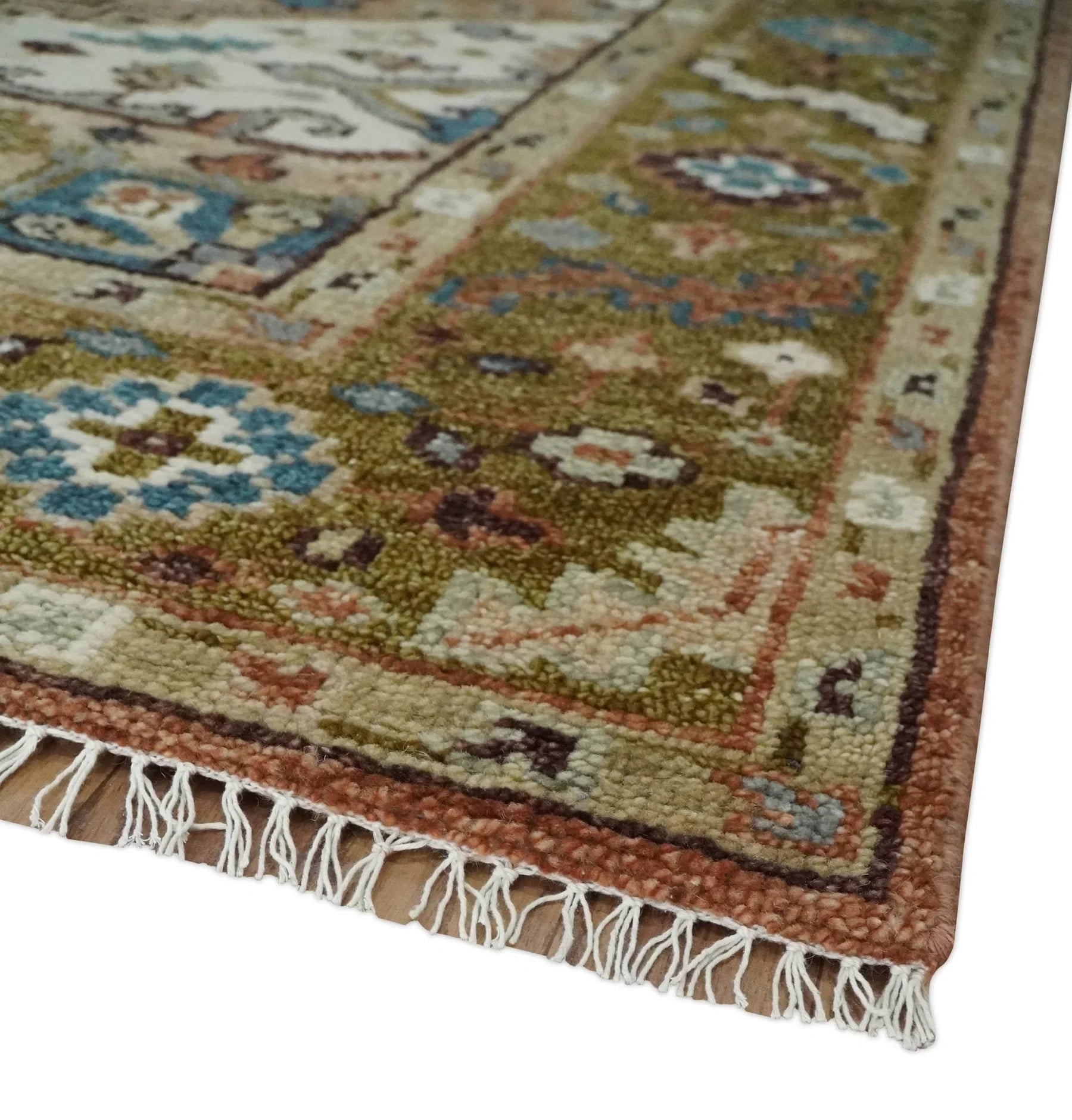 Custom Made Vintage Style Olive, Rust, and Ivory Hand knotted Traditional wool Area Rug