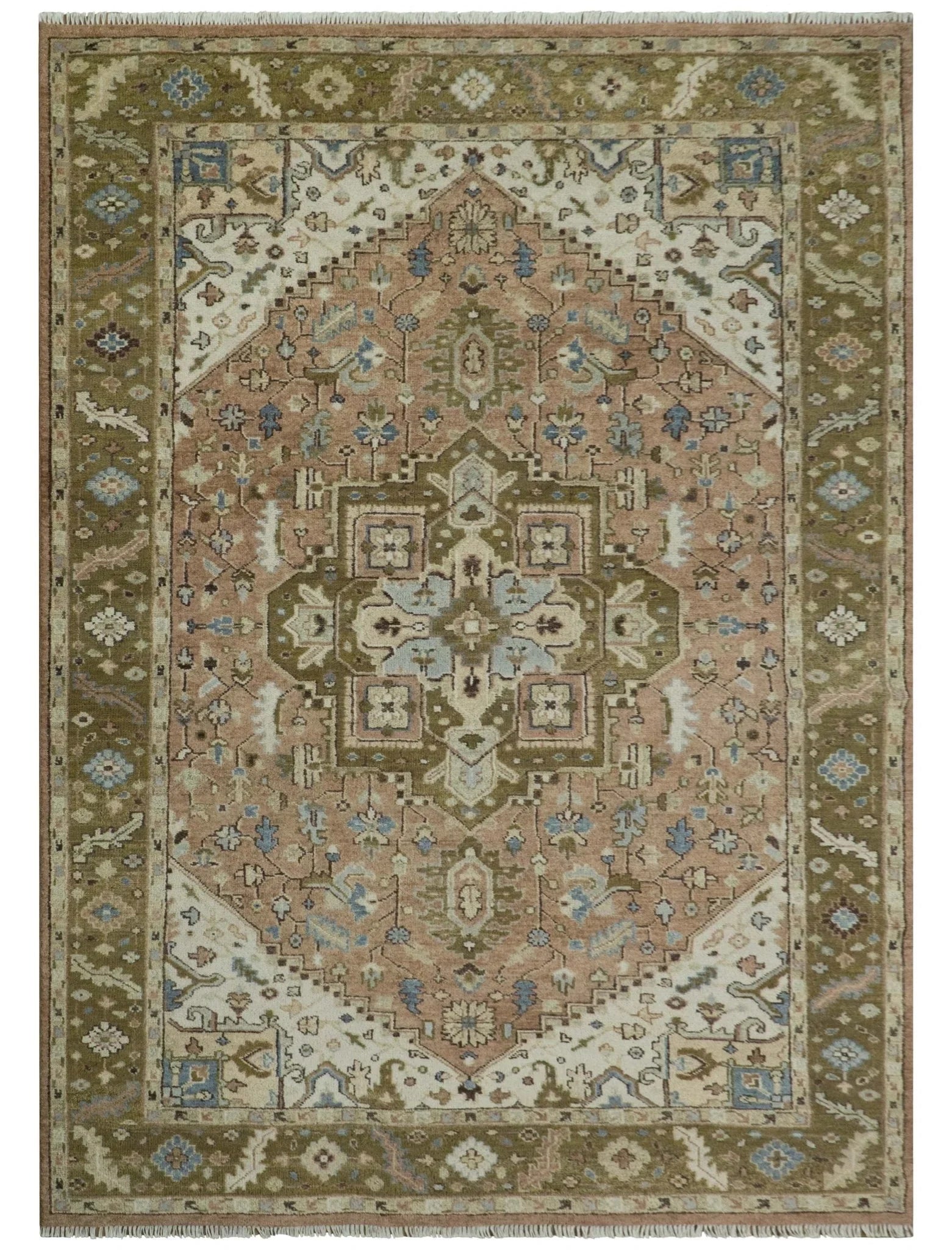 Custom Made Vintage Style Olive, Rust, and Ivory Hand knotted Traditional wool Area Rug