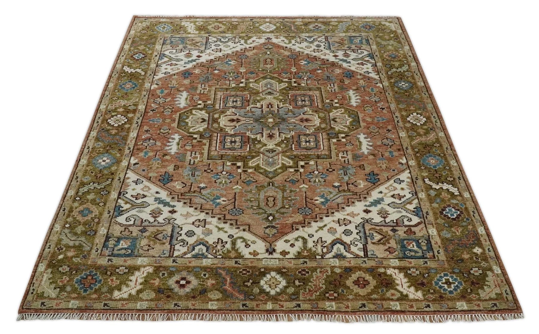 Custom Made Vintage Style Olive, Rust, and Ivory Hand knotted Traditional wool Area Rug
