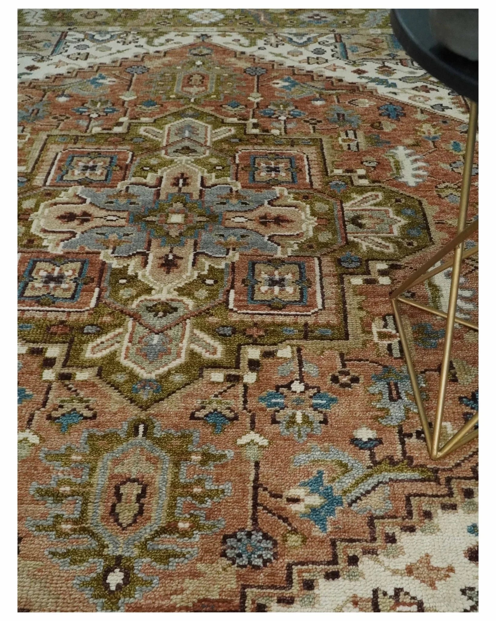 Custom Made Vintage Style Olive, Rust, and Ivory Hand knotted Traditional wool Area Rug