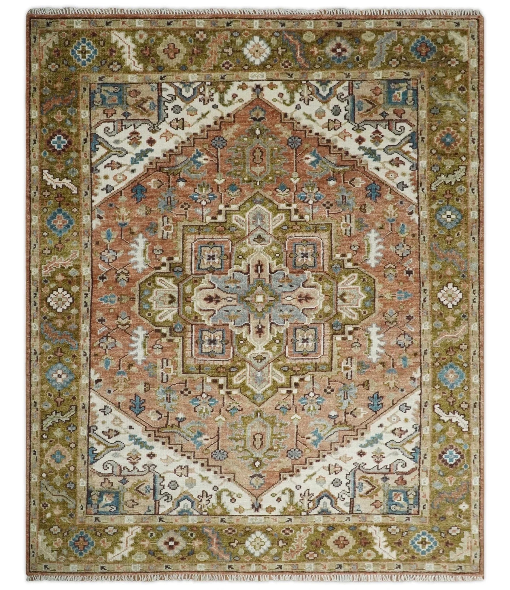 Custom Made Vintage Style Olive, Rust, and Ivory Hand knotted Traditional wool Area Rug