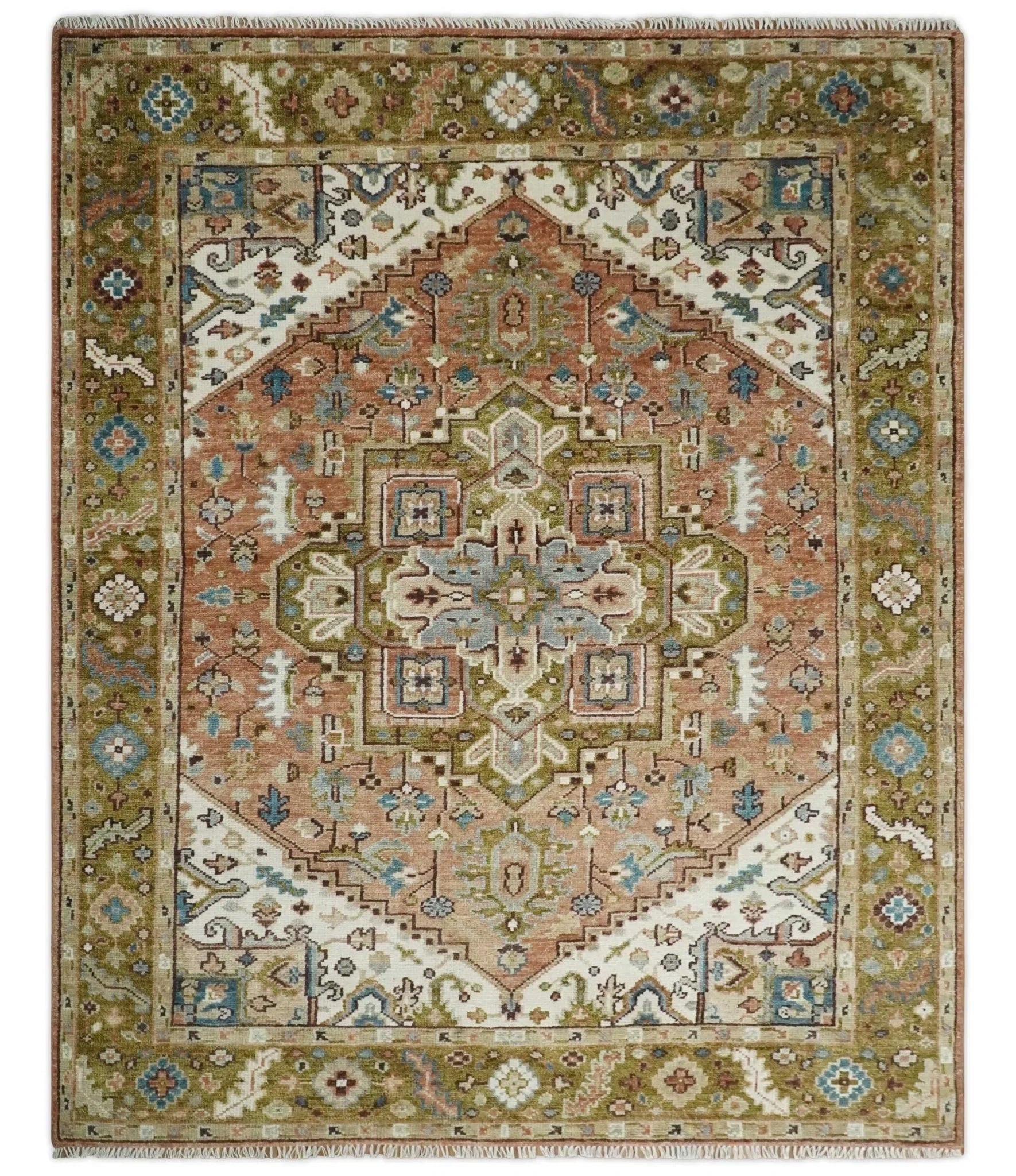 Custom Made Vintage Style Olive, Rust, and Ivory Hand knotted Traditional wool Area Rug