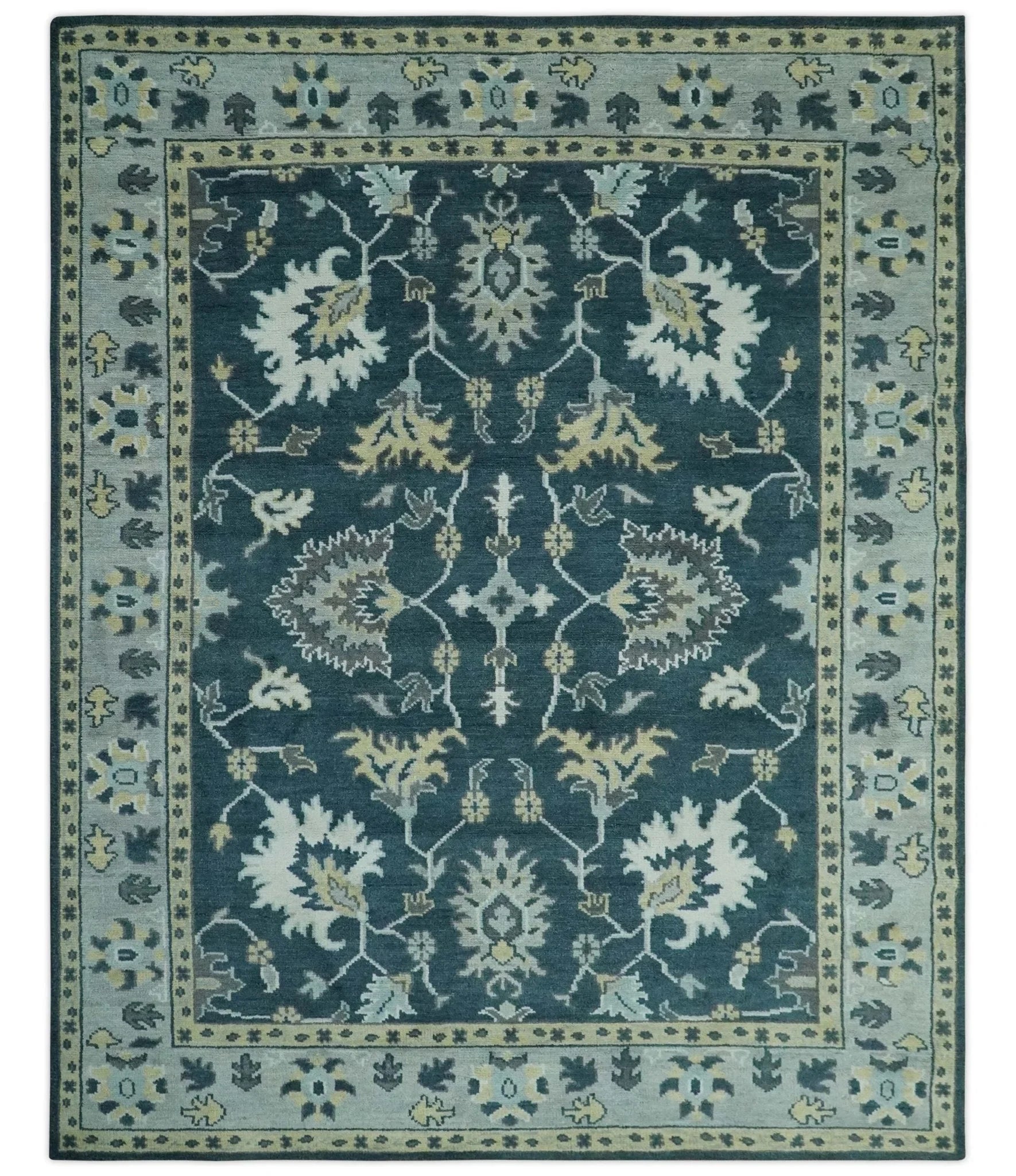 Dark Teal, Silver, Blue and Ivory Hand Knotted Traditional Oushak Multi Size Area Rug - The Rug Decor