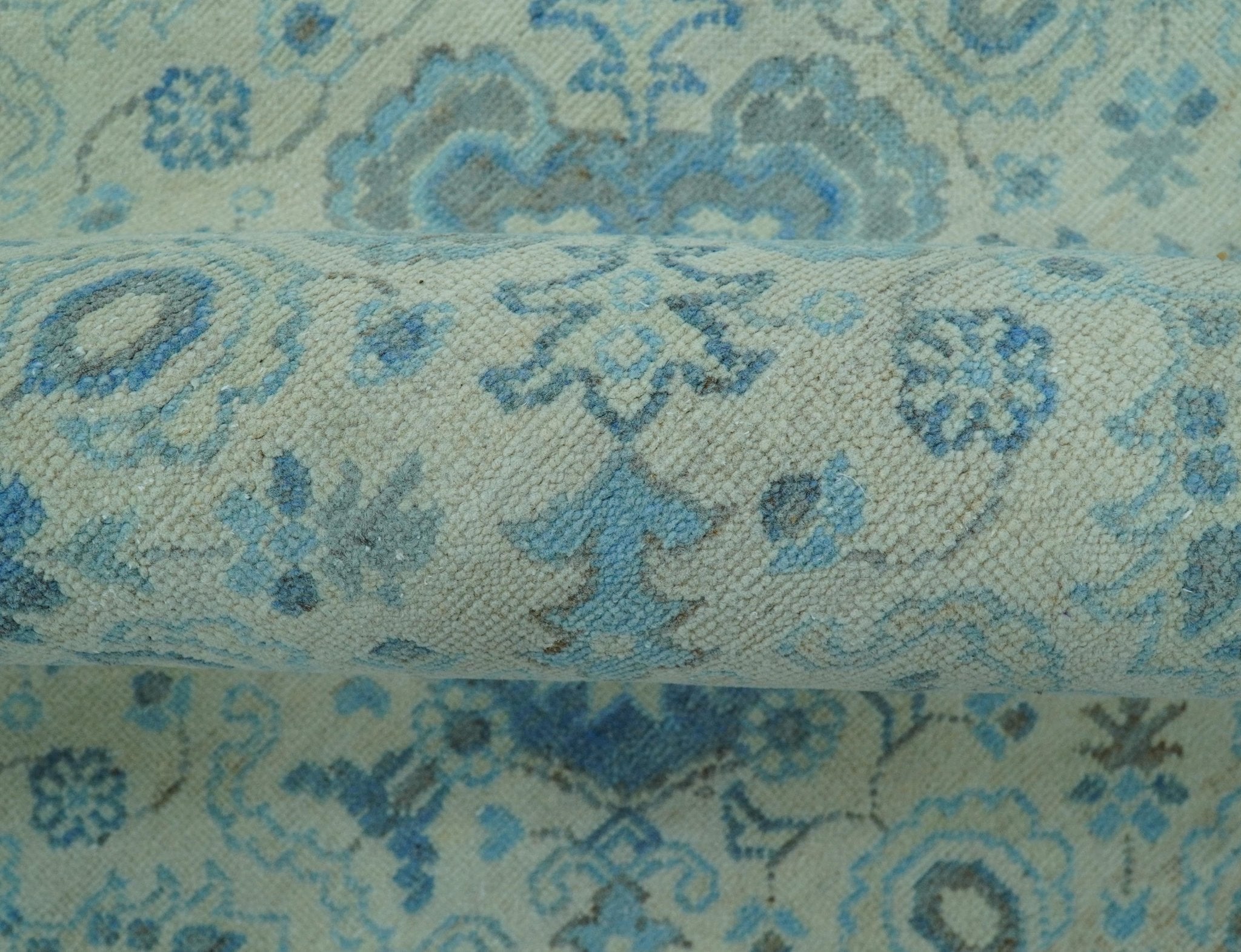 Distressed Hand Knotted Blue And Beige Oriental Design 8x10 Wool Area Rug