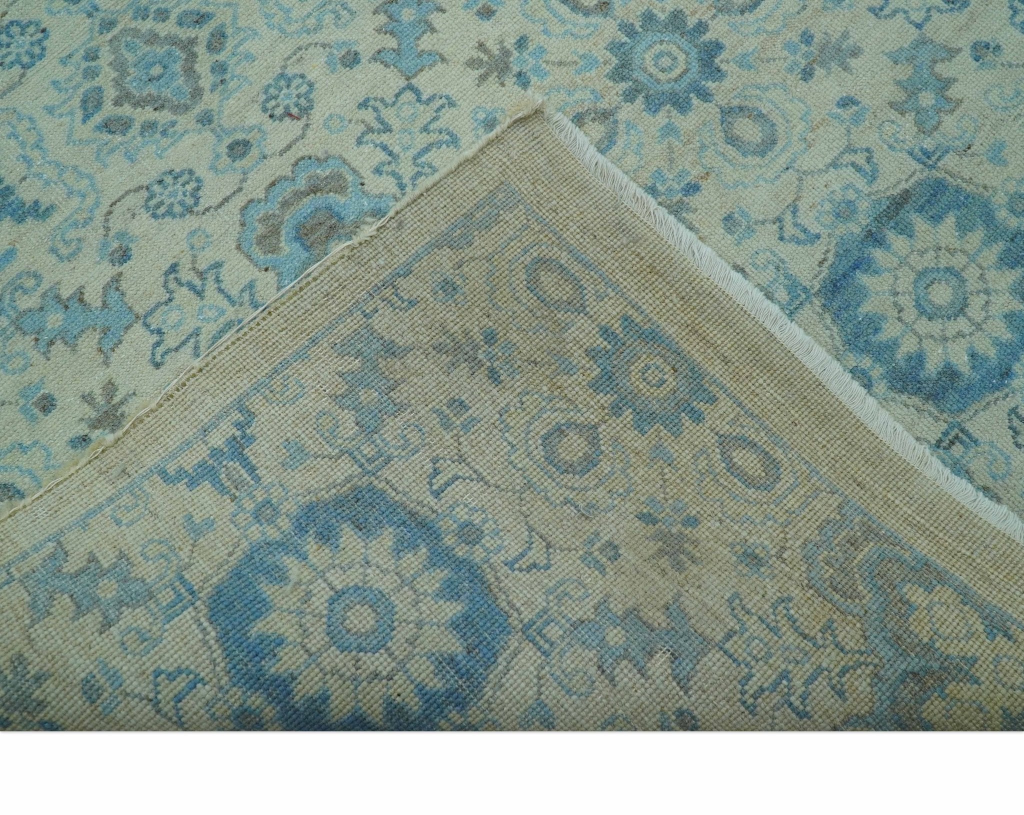 Distressed Hand Knotted Blue And Beige Oriental Design 8x10 Wool Area Rug