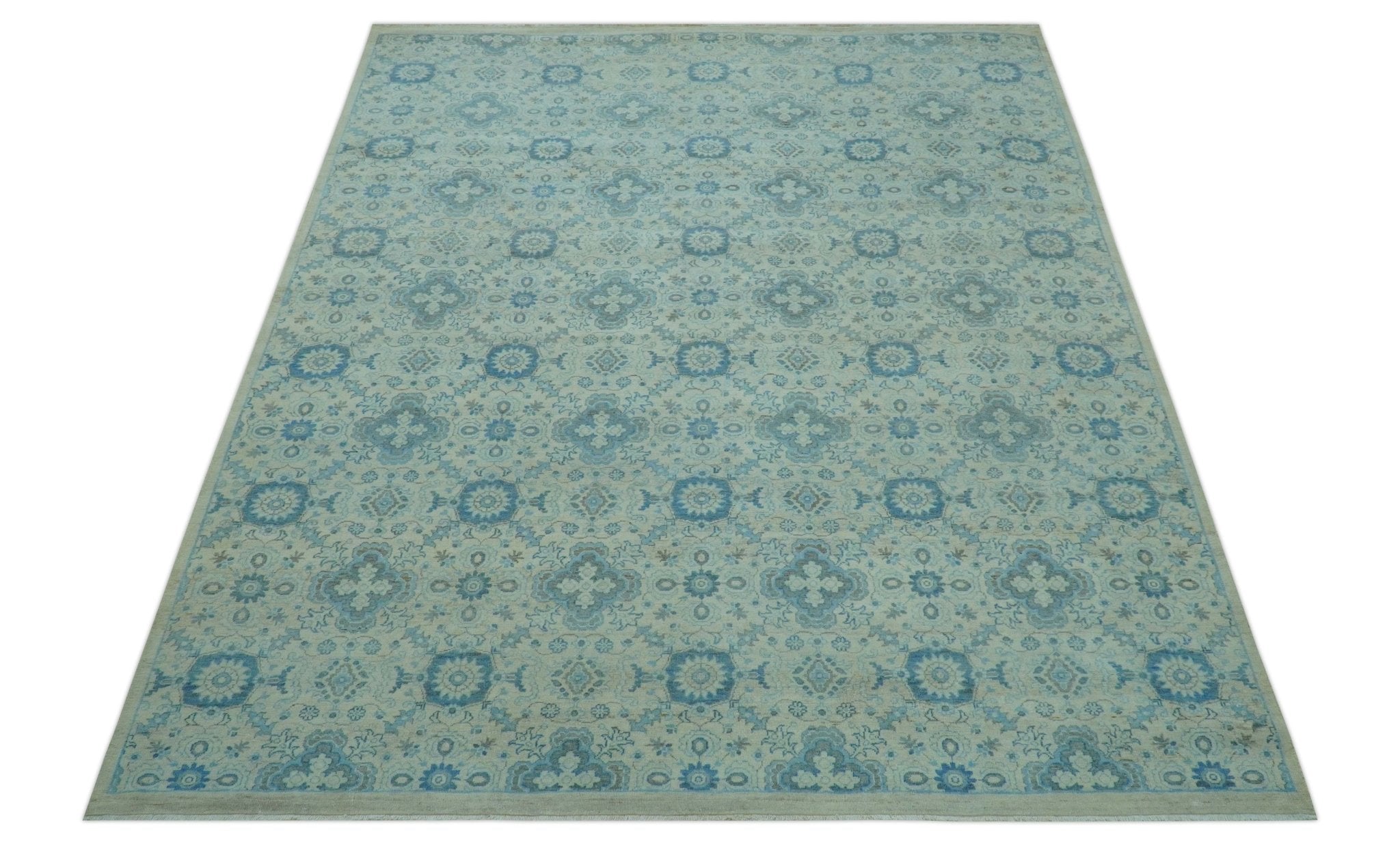 Distressed Hand Knotted Blue And Beige Oriental Design 8x10 Wool Area Rug