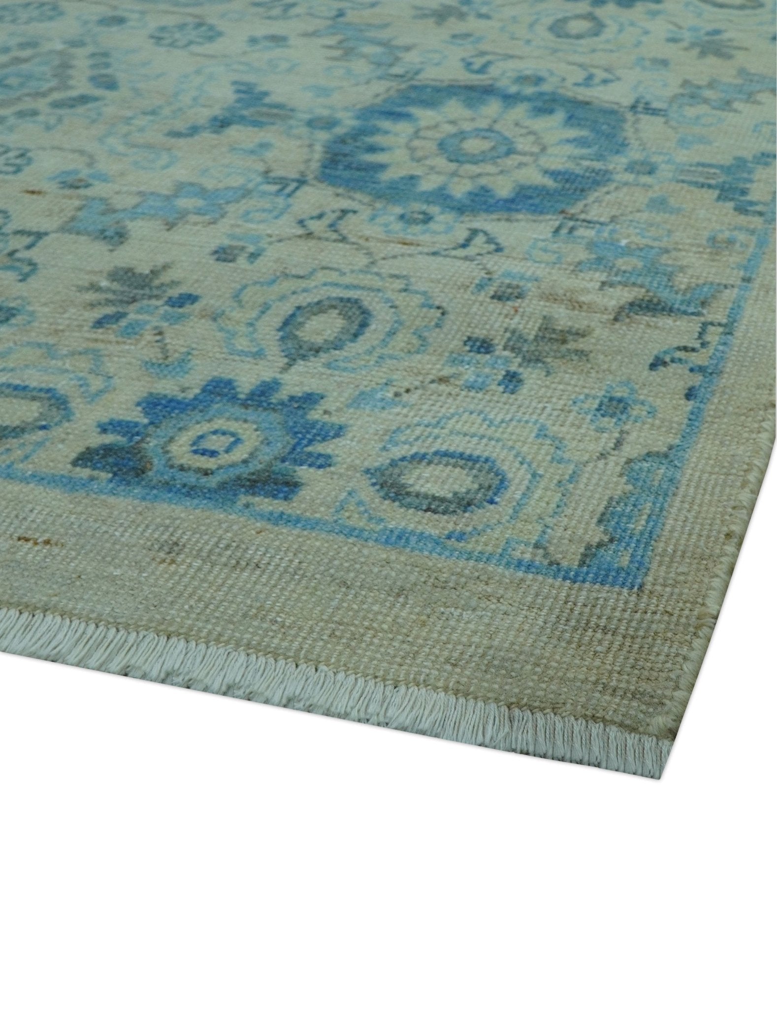 Distressed Hand Knotted Blue And Beige Oriental Design 8x10 Wool Area Rug