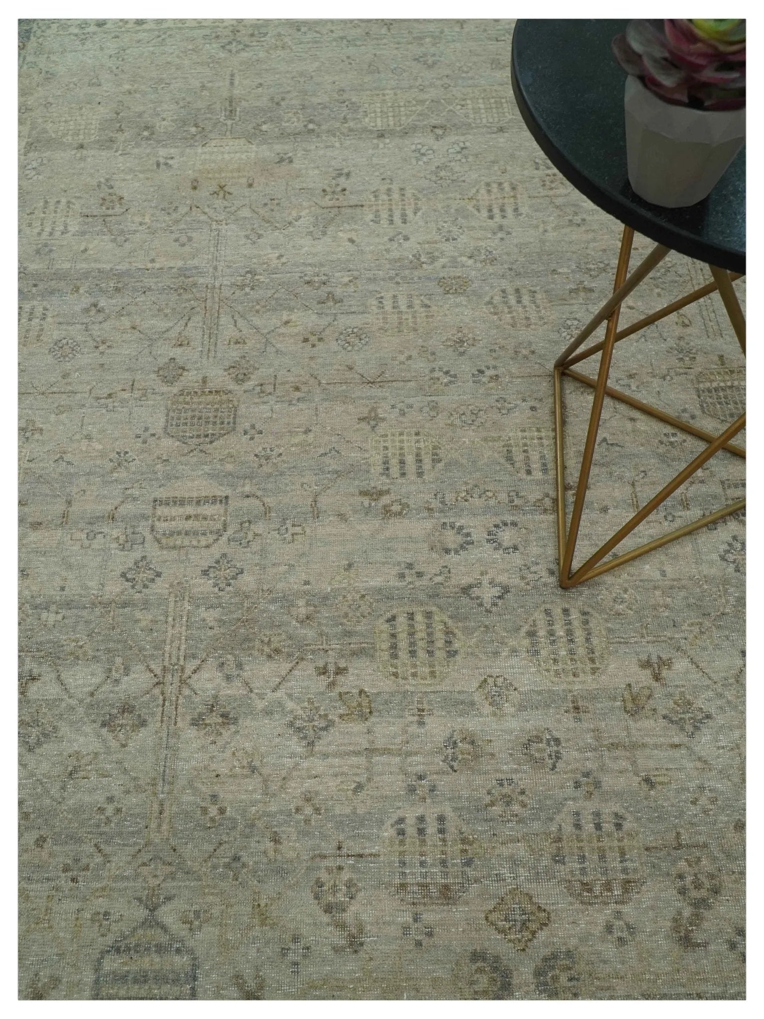 Distressed Silver And Beige Hand Knotted khotan design Custom Made wool area rug - The Rug Decor