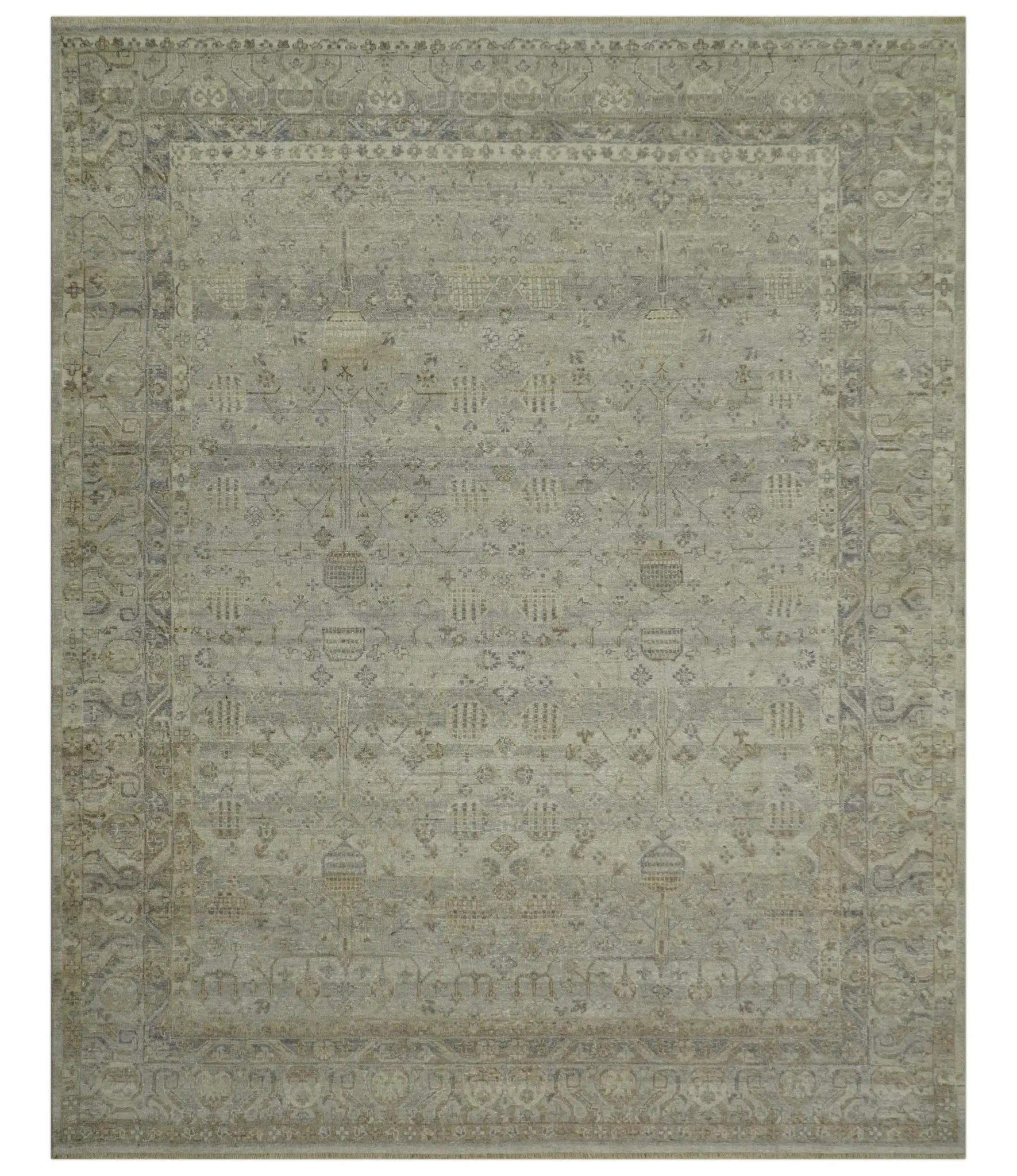 Distressed Silver And Beige Hand Knotted khotan design Custom Made wool area rug - The Rug Decor