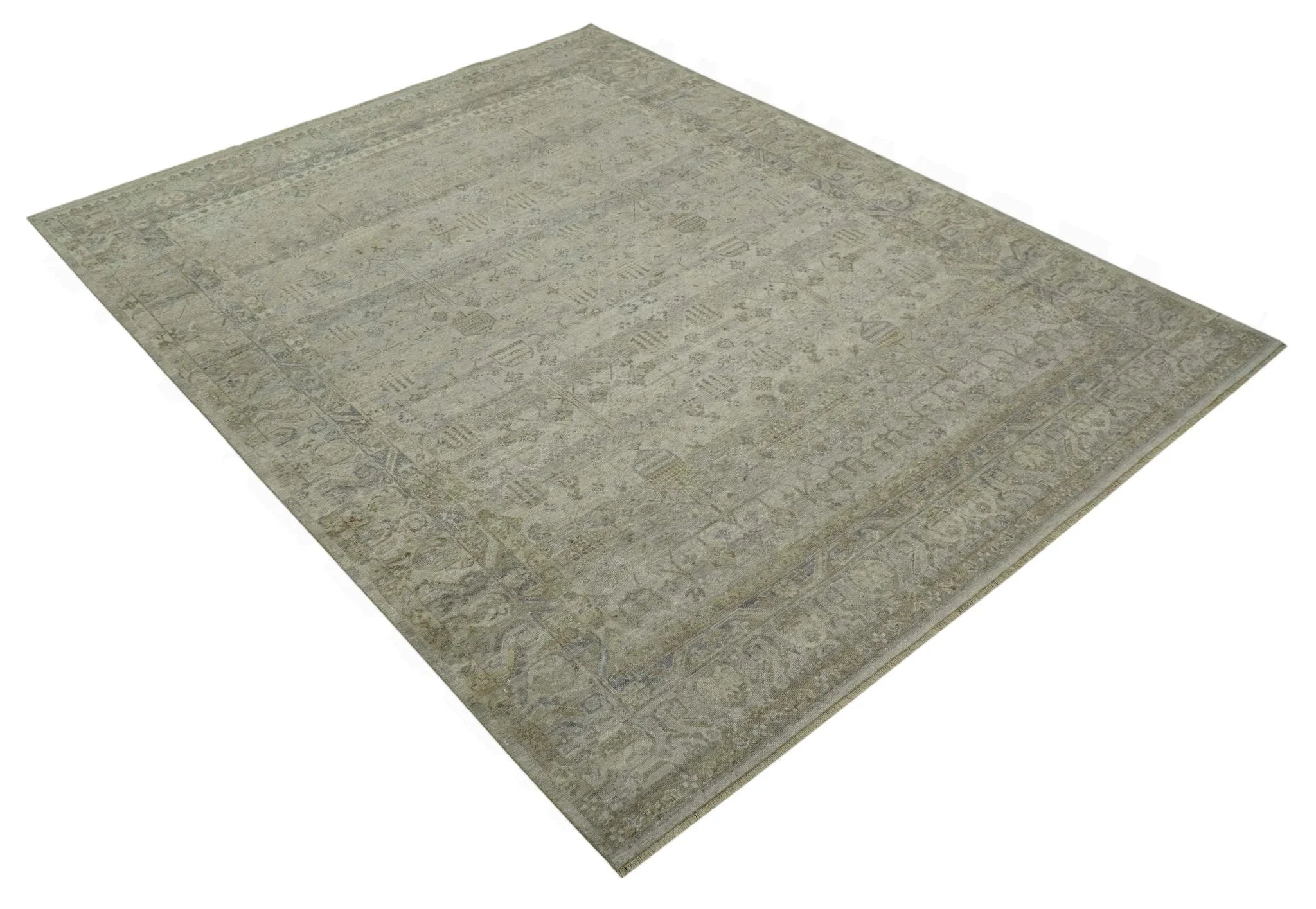 Distressed Silver And Beige Hand Knotted khotan design Custom Made wool area rug - The Rug Decor