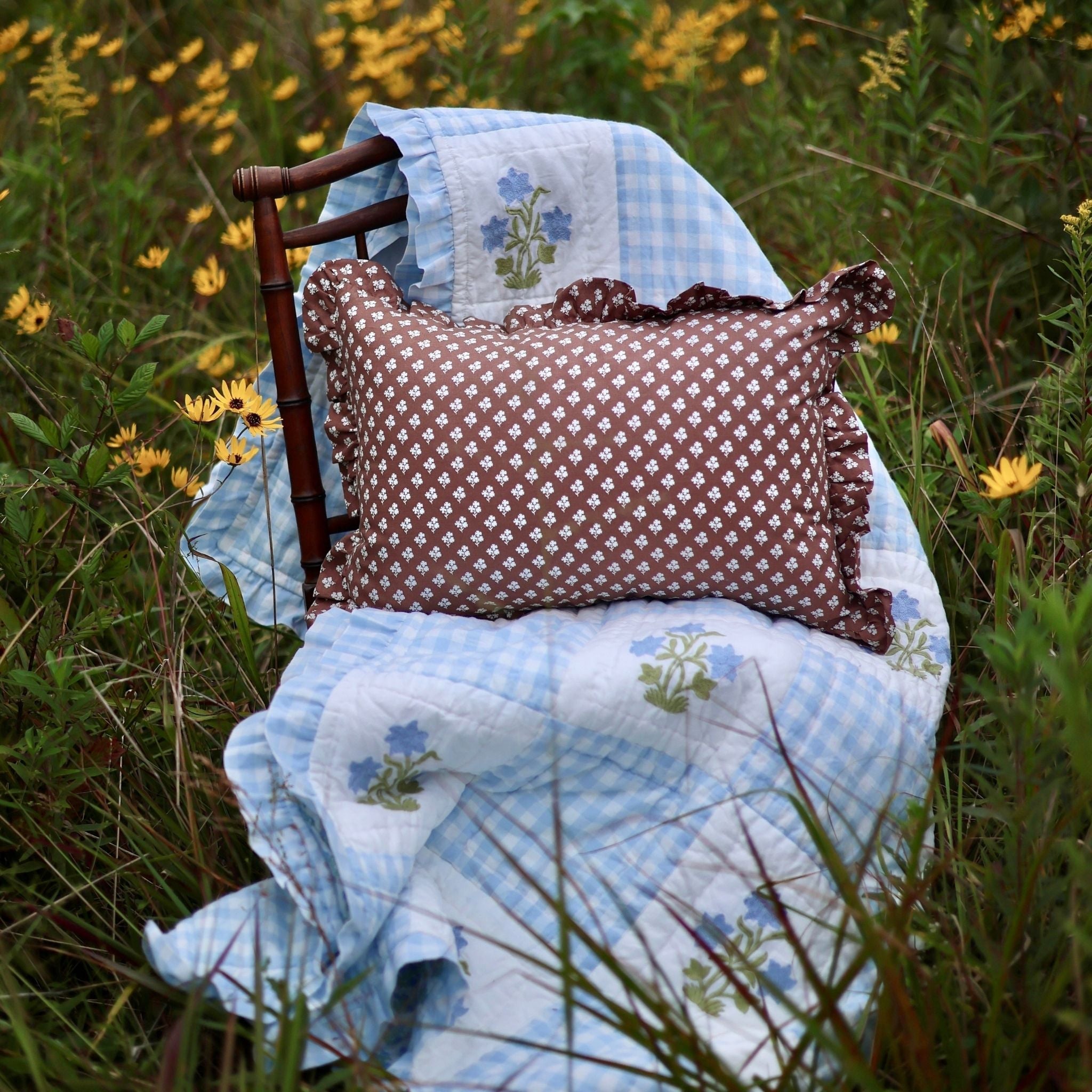 Dorothy Blue Embroidered Quilted Throw Blanket