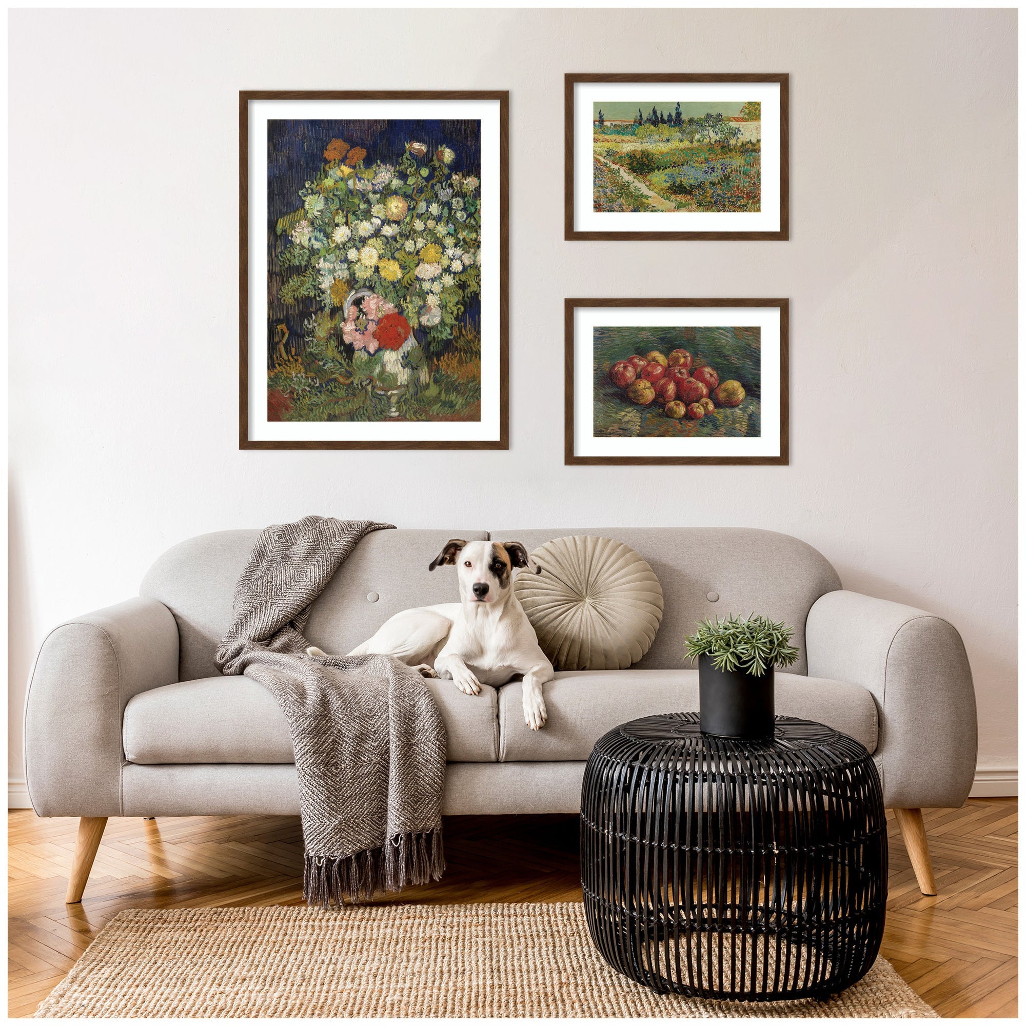 Apples 1887, Bouquet of Flowers in a Vase 1890, & Garden at Arles by Vincent Van Gogh 3 Piece Framed Wall Art Print Set by Nostalgia Prints
