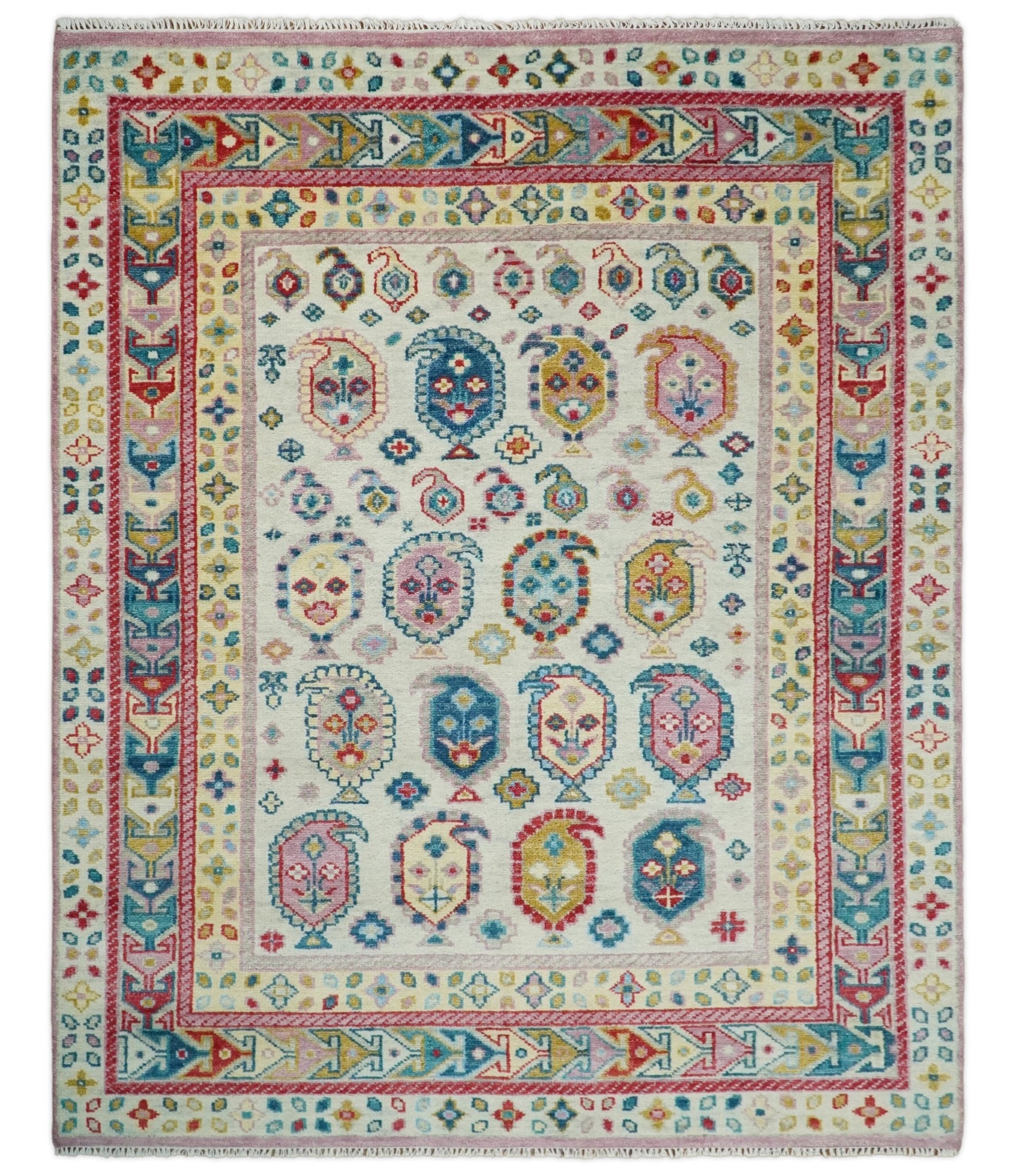 Eclectic Vibrant Colorful Ivory And Teal Traditional design Hand knotted Wool Area Rug