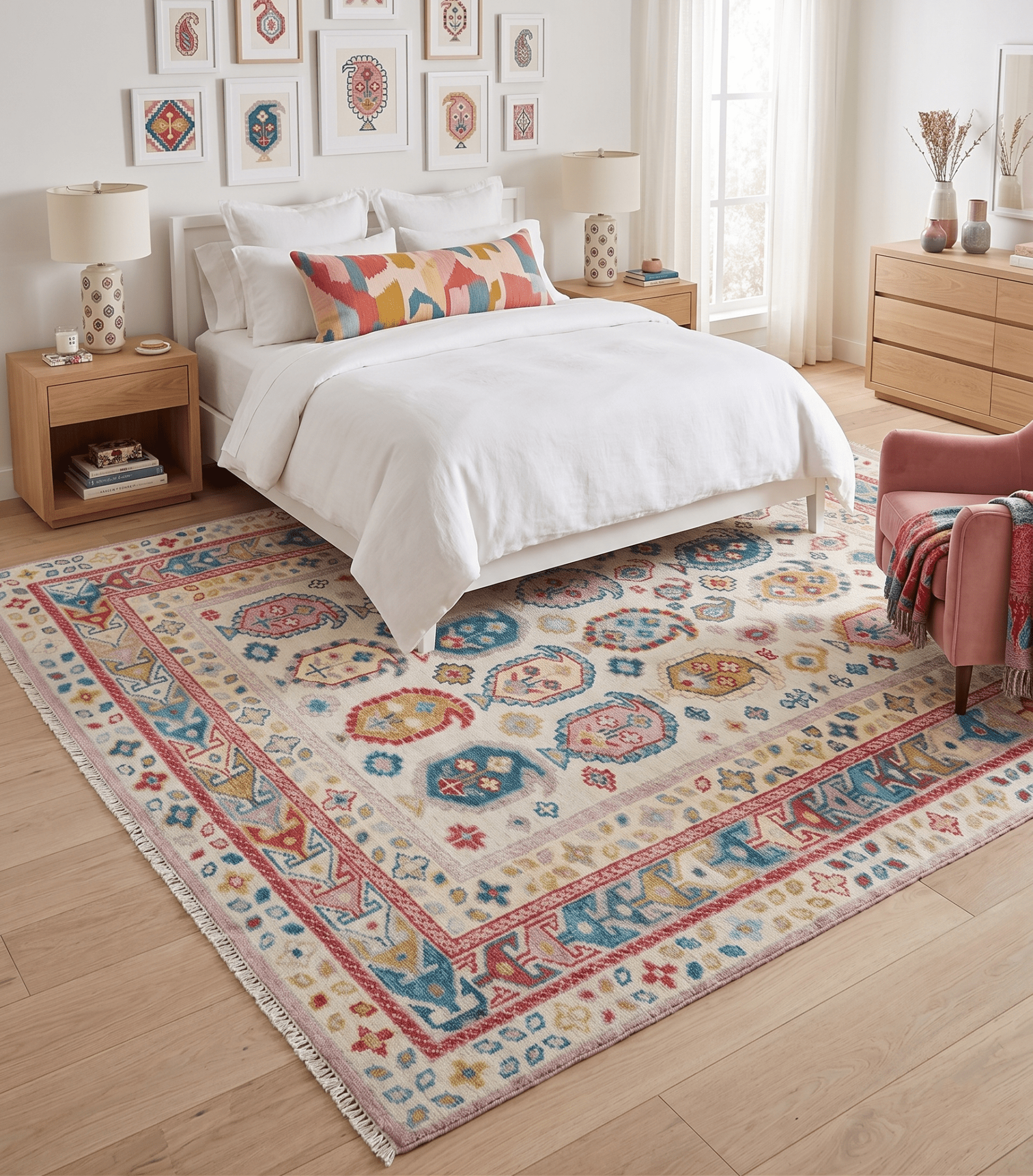 Eclectic Vibrant Colorful Ivory And Teal Traditional design Hand knotted Wool Area Rug