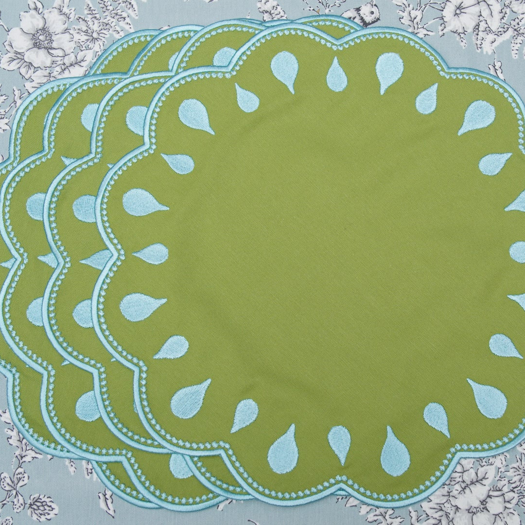 DROPLET GREEN ROUND FABRIC PLACEMAT (Set Of 4)