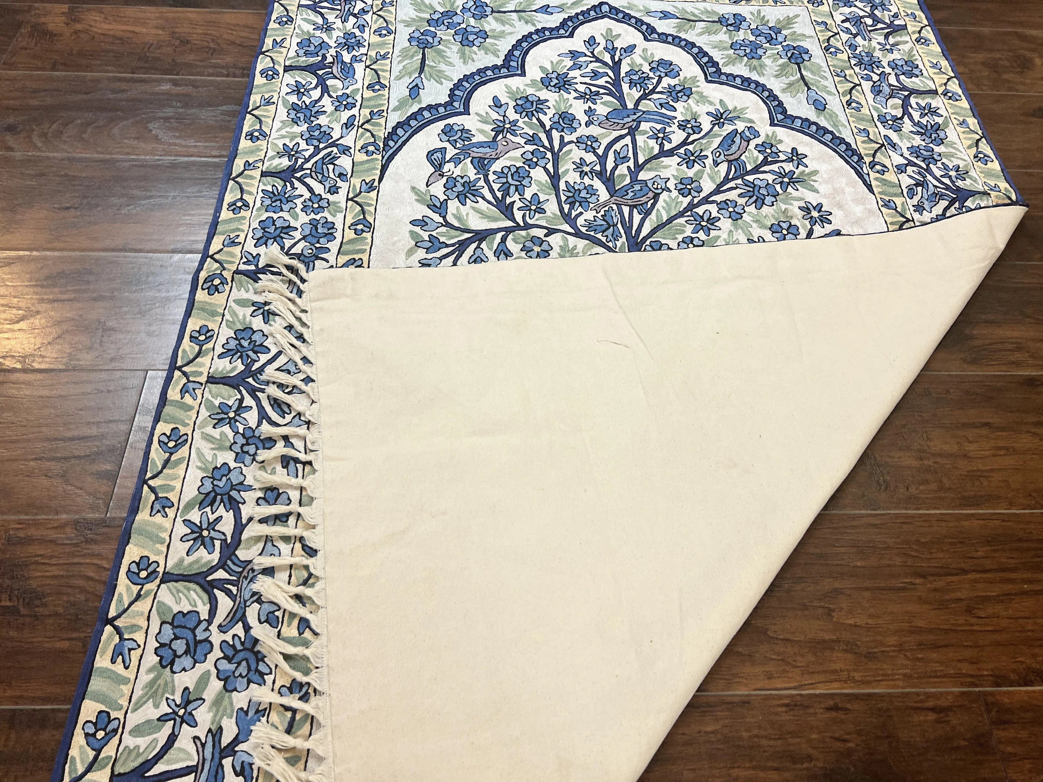 Tree of Life Indian Hand Stitched Rug 4x6, Indian Wall Hanging Rug, Ivory Blue, Silk on Cotton, Vintage