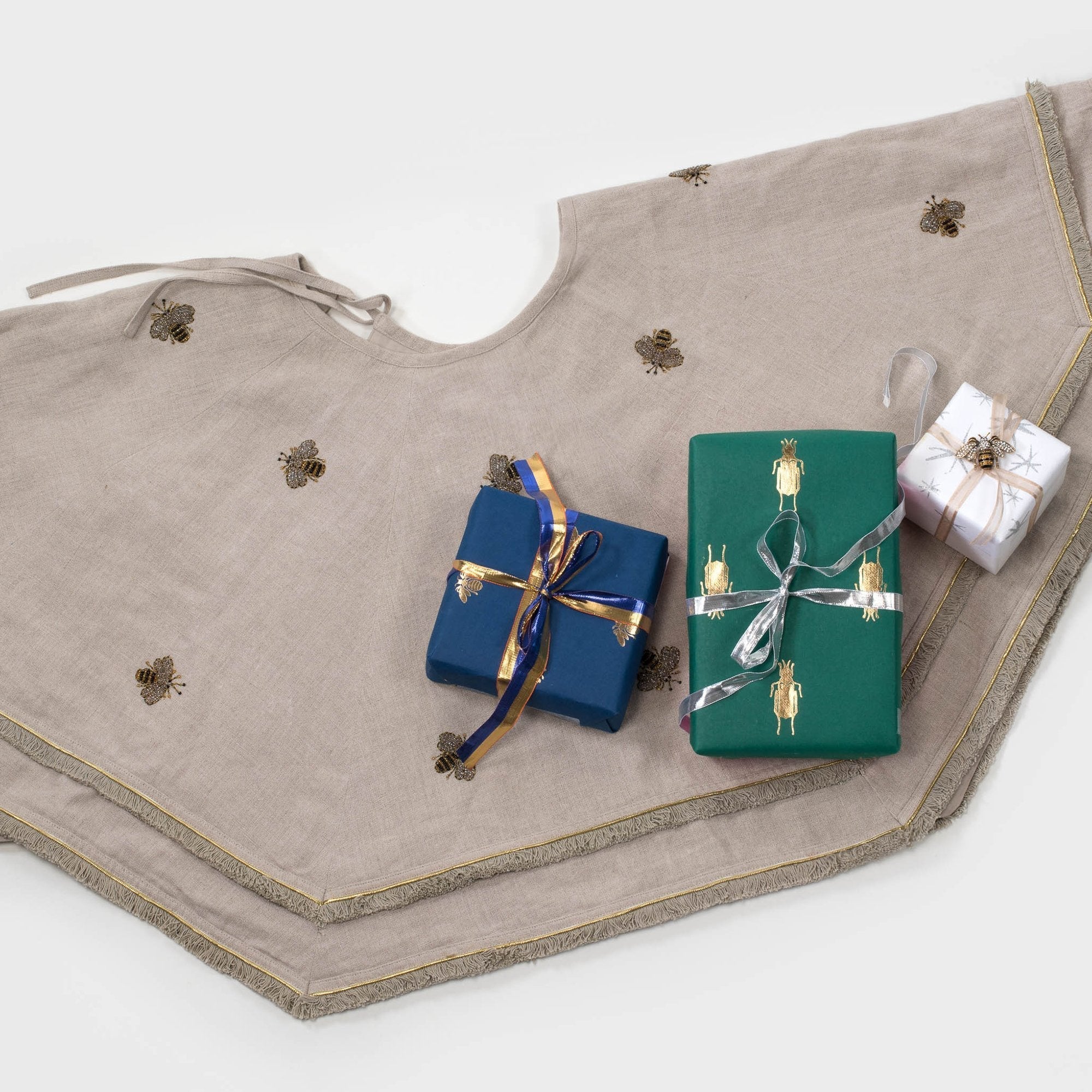 Bee Embroidered Taupe Velvet Tree Skirt