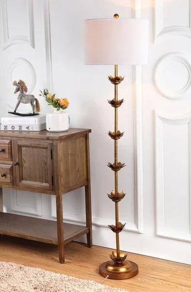 Landen Leaf Metal Floor Lamp in Antique Gold with Off-White Shade