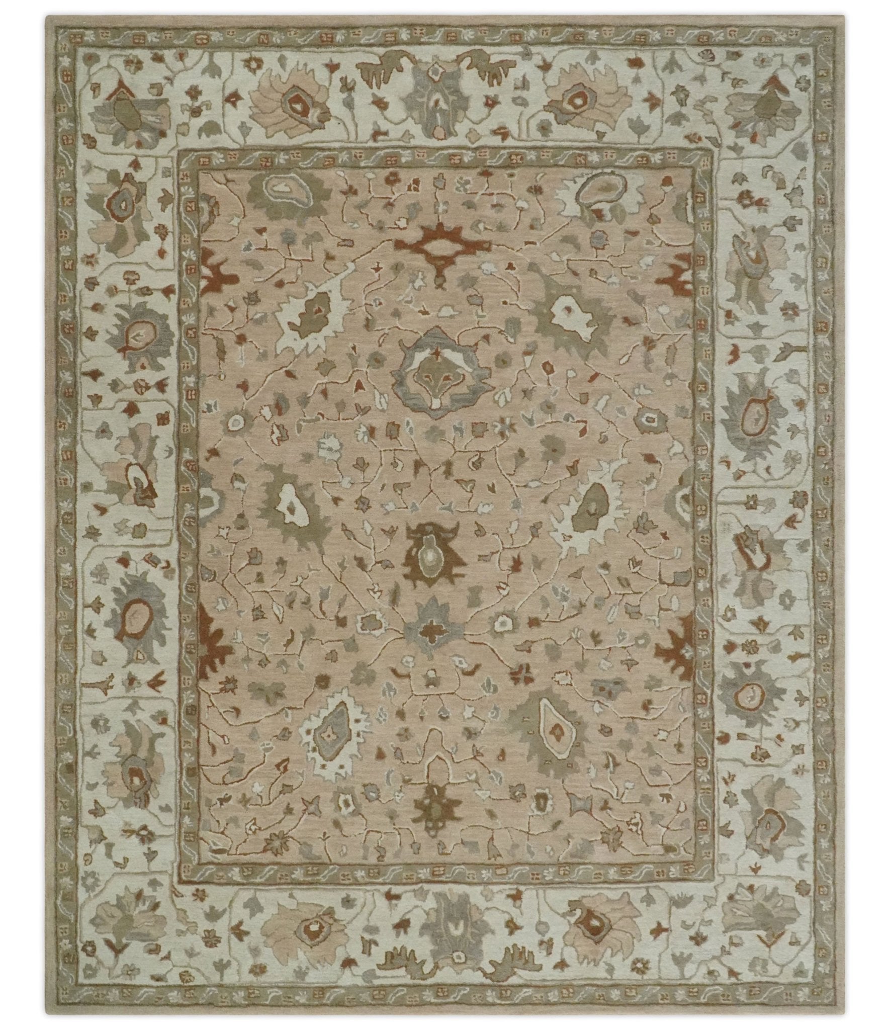 Floral 8x10 Hand Tufted Peach, Ivory and Olive Modern Oushak Rug