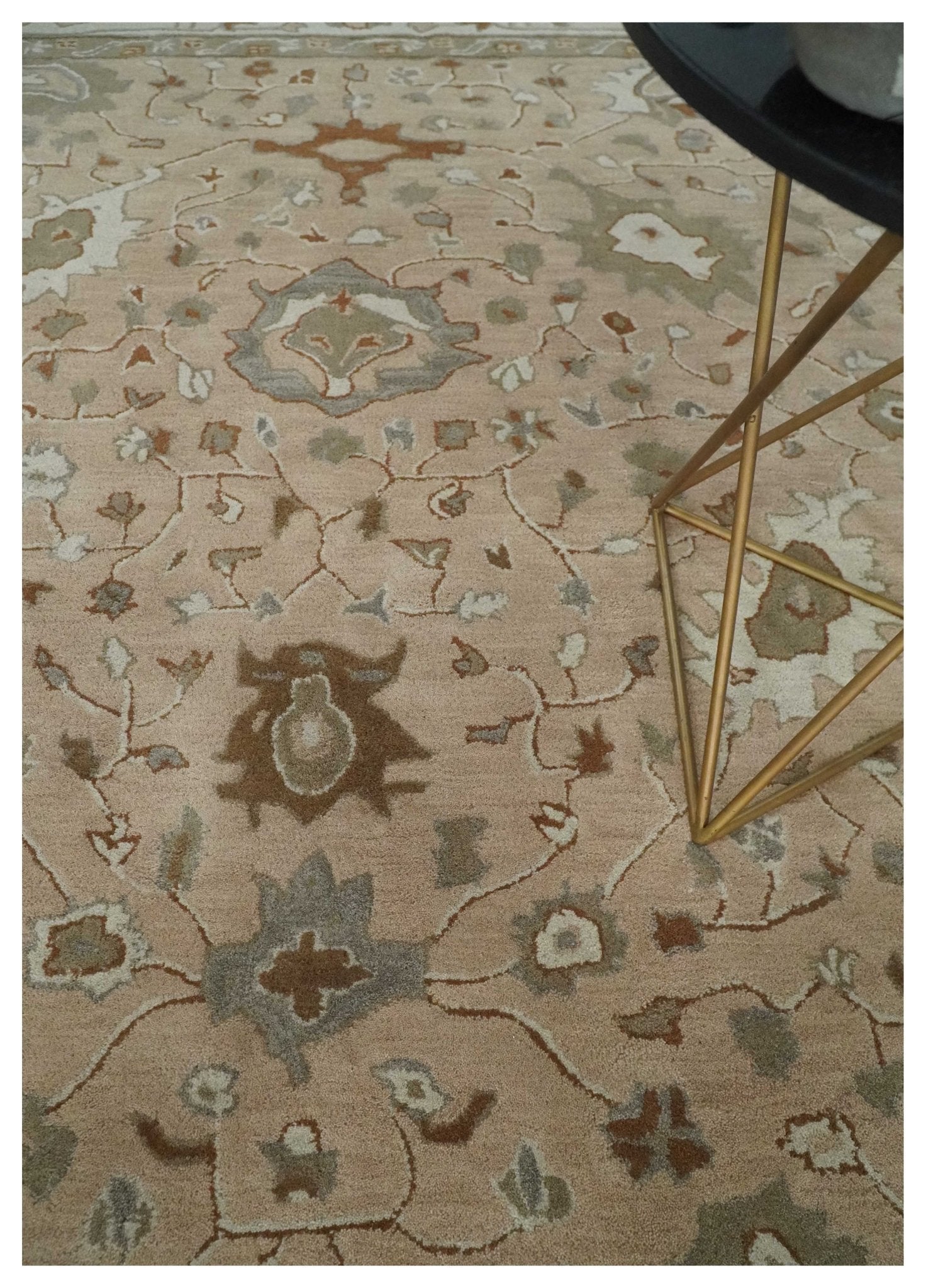 Floral 8x10 Hand Tufted Peach, Ivory and Olive Modern Oushak Rug