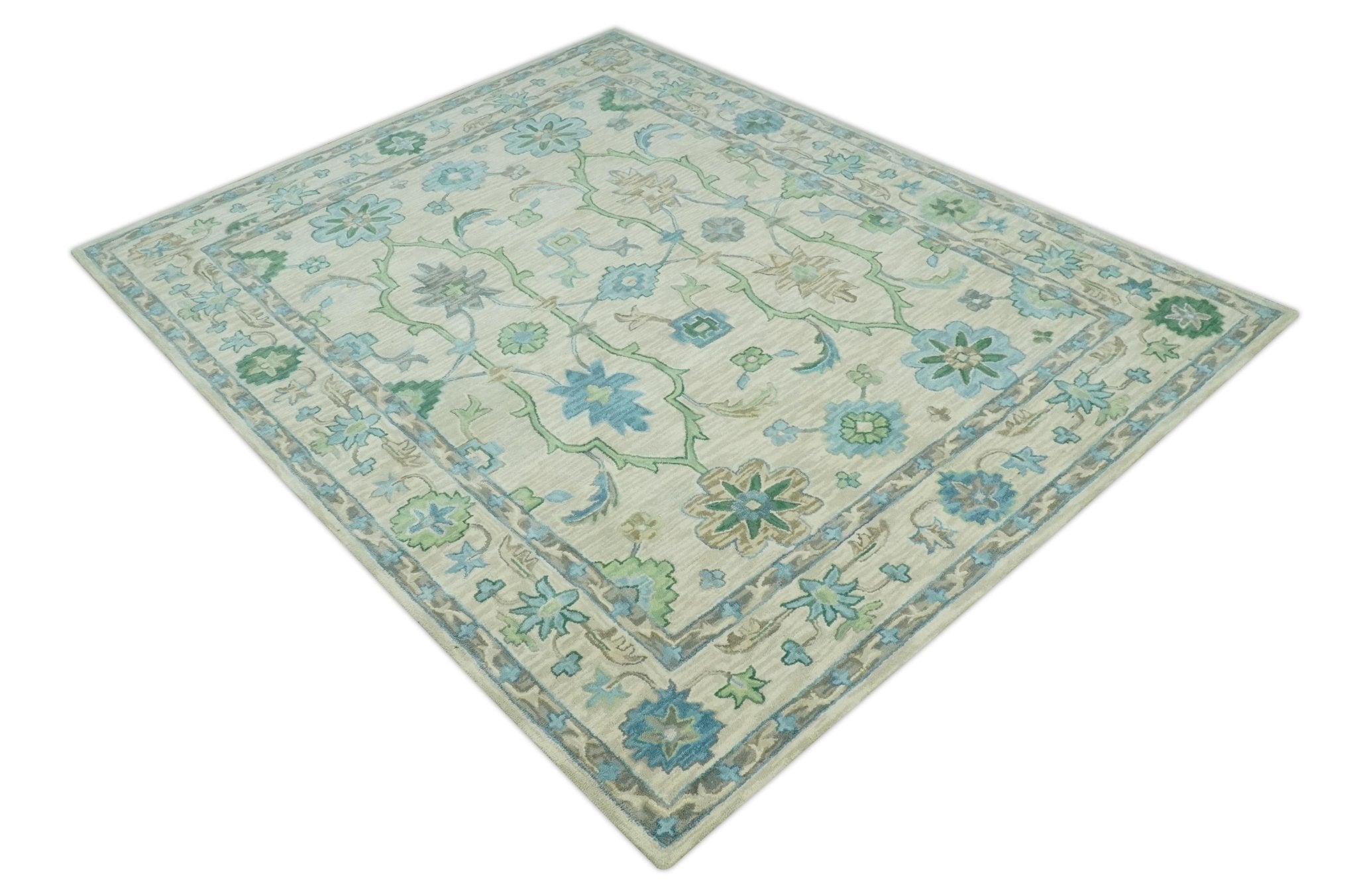Floral Beige, Gray, Blue and Green Oriental Oushak Hand Tufted Custom Made wool Area rug - The Rug Decor
