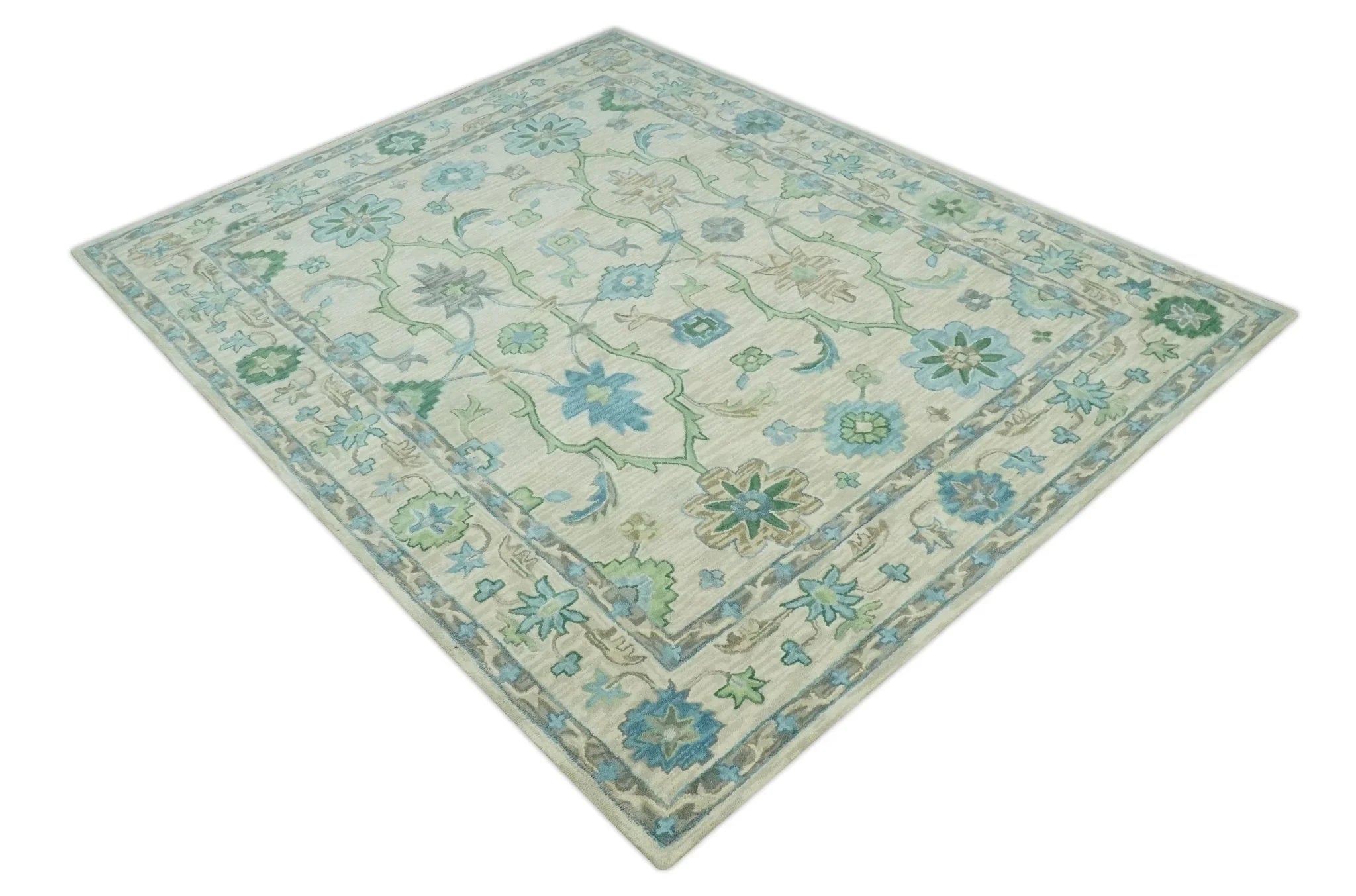 Floral Beige, Gray, Blue and Green Oriental Oushak Hand Tufted Custom Made wool Area rug - The Rug Decor
