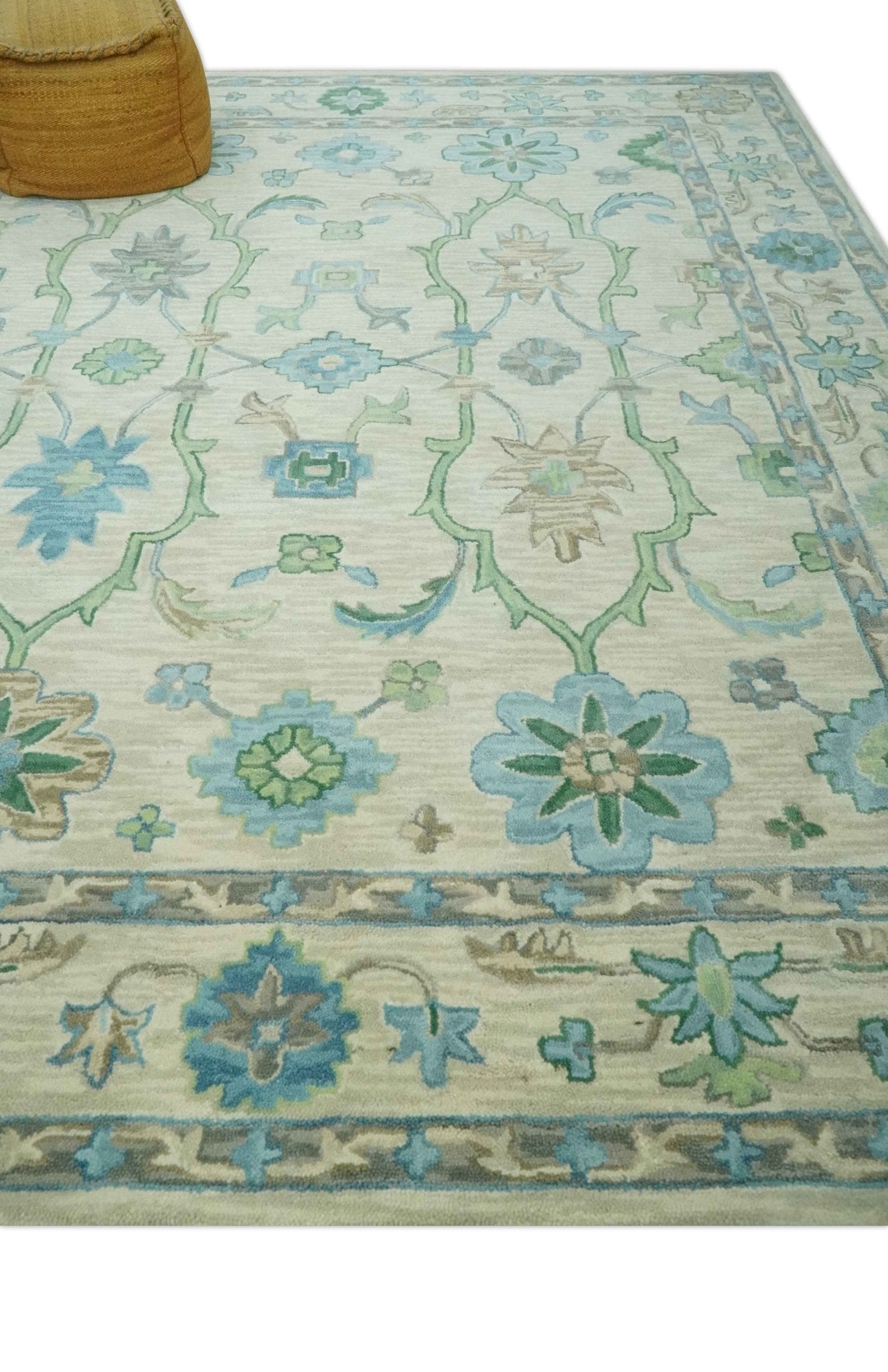 Floral Beige, Gray, Blue and Green Oriental Oushak Hand Tufted Custom Made wool Area rug - The Rug Decor