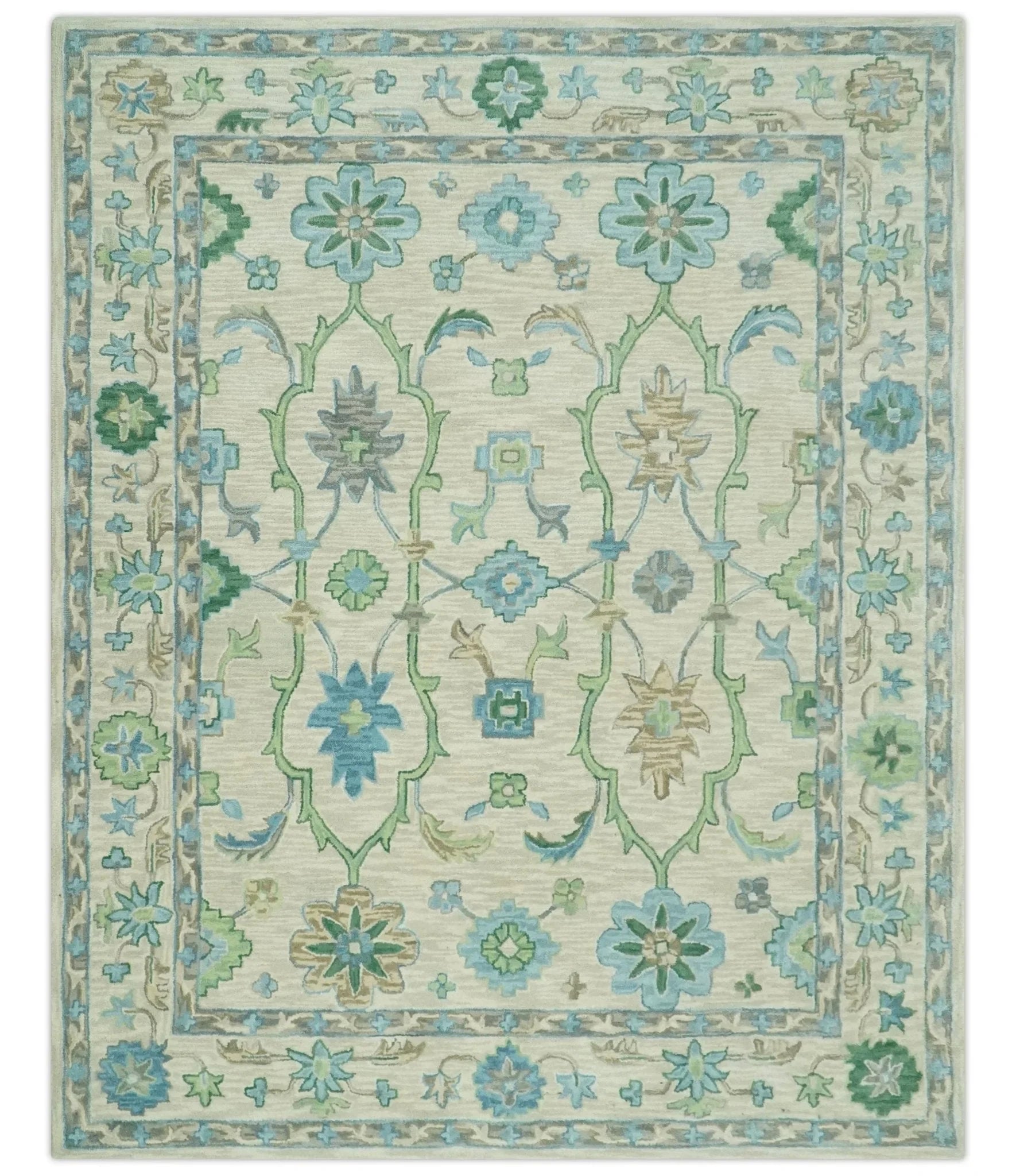 Floral Beige, Gray, Blue and Green Oriental Oushak Hand Tufted Custom Made wool Area rug - The Rug Decor