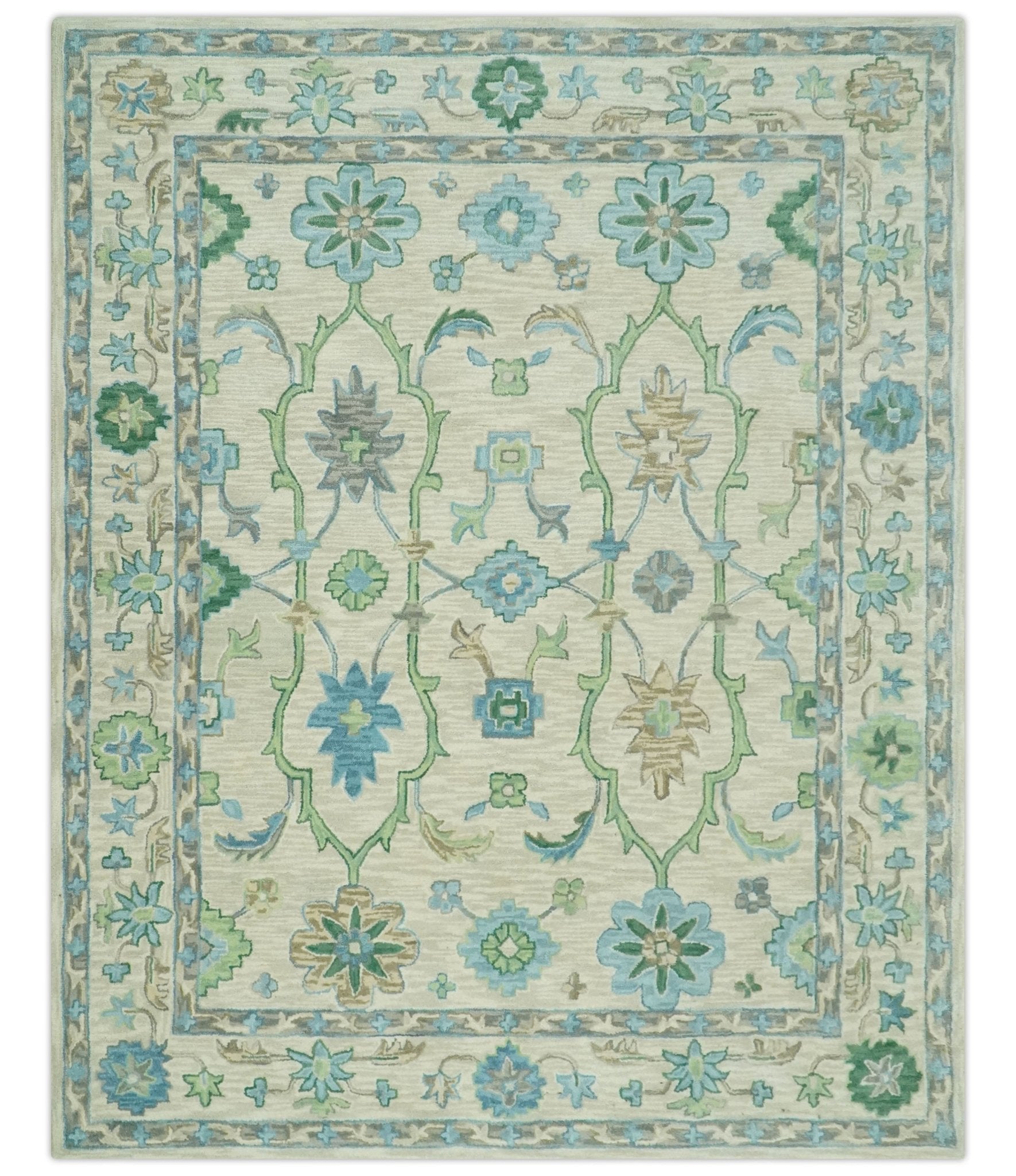 Floral Beige, Gray, Blue and Green Oriental Oushak Hand Tufted Custom Made wool Area rug