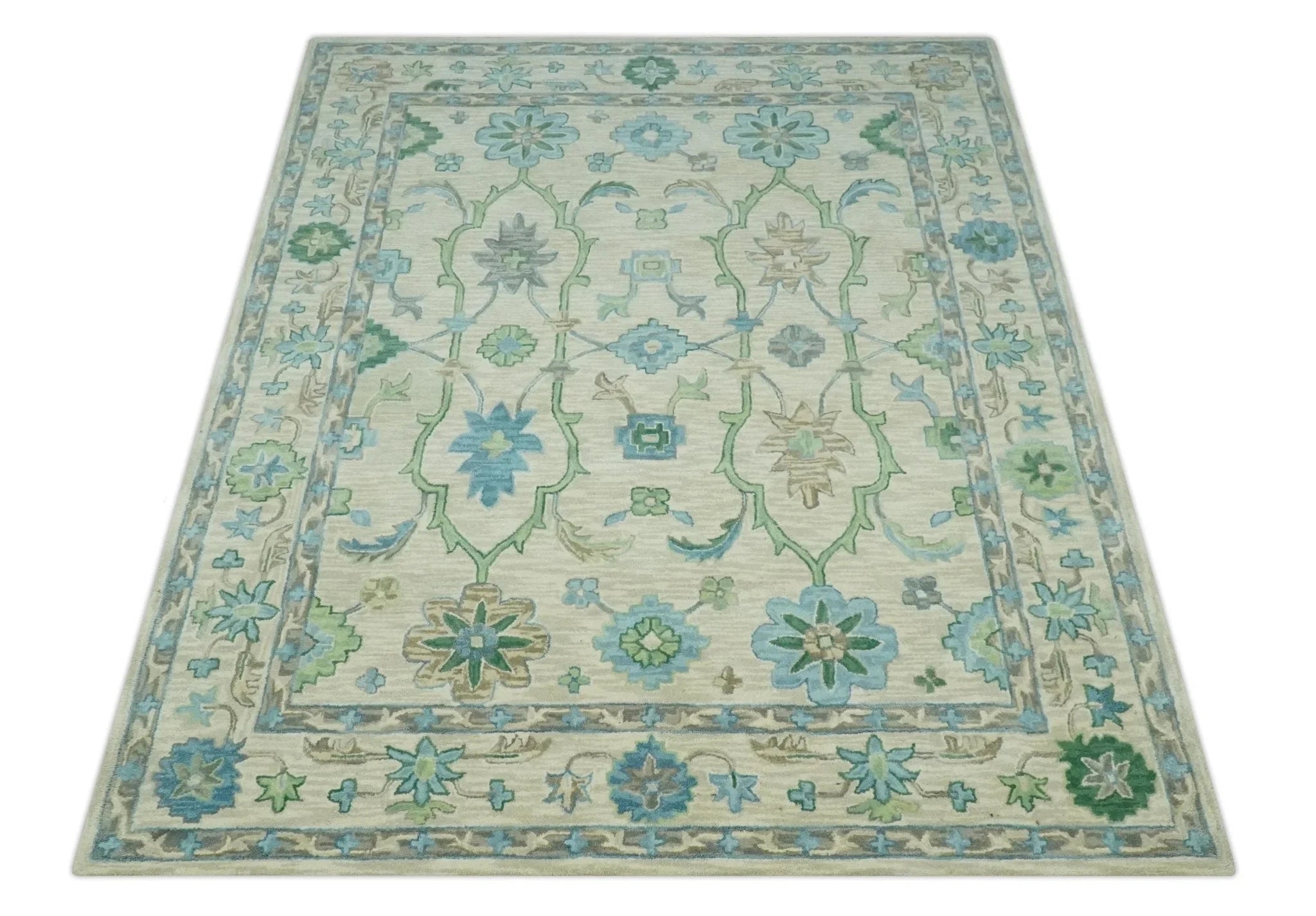 Floral Beige, Gray, Blue and Green Oriental Oushak Hand Tufted Custom Made wool Area rug - The Rug Decor