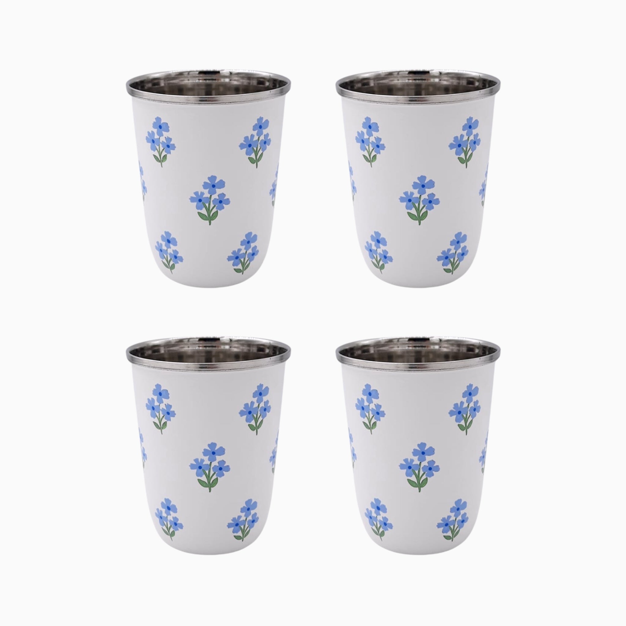 Floral Blue Short Enamelware Tumblers - Set of 4