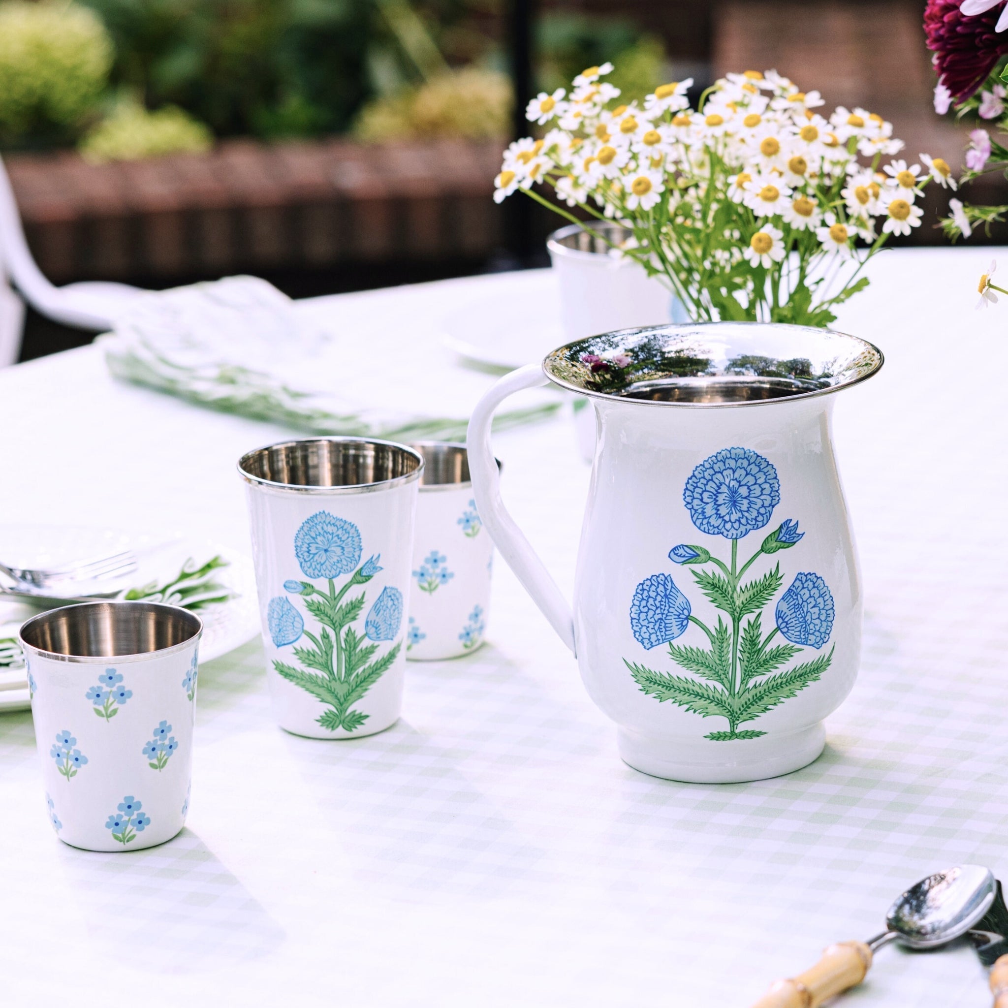Floral Blue Short Enamelware Tumblers - Set of 4