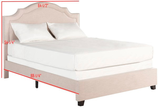 Theron Upholstered Bed in Light Beige with Silver Nailhead Trim