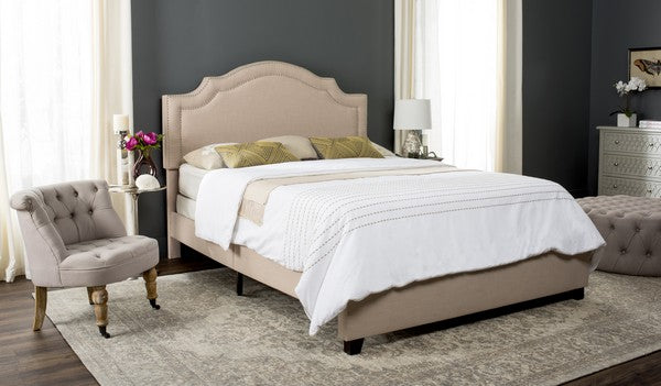 Theron Upholstered Bed in Light Beige with Silver Nailhead Trim