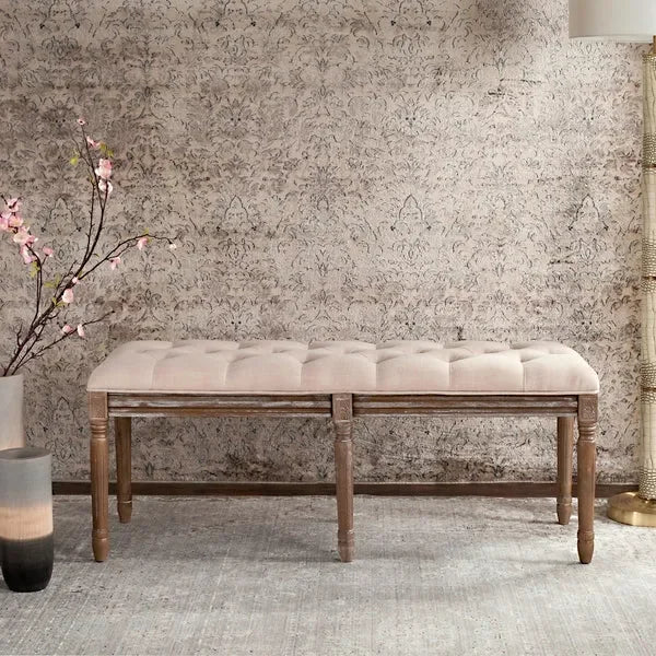 Rocha Rubberwood Tufted Bench in Beige - The Mayfair Hall