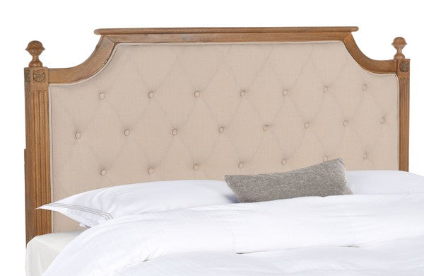 Wood Headboard in Rustic Oak with Beige Tufted Linen
