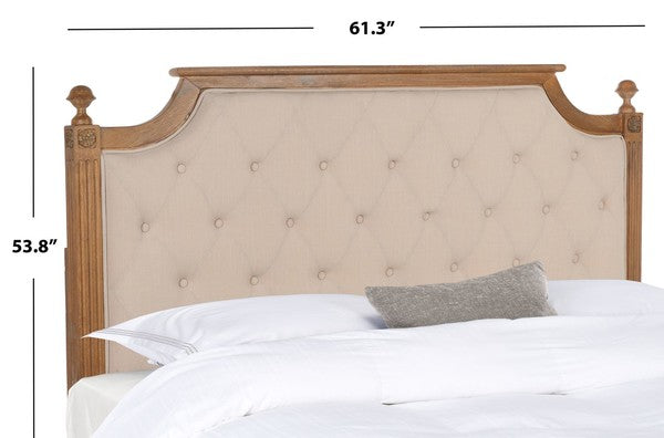 Wood Headboard in Rustic Oak with Beige Tufted Linen