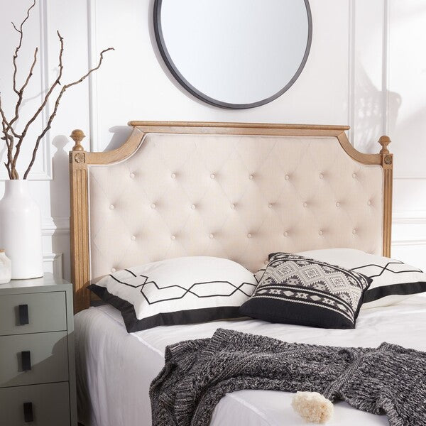 Wood Headboard in Rustic Oak with Beige Tufted Linen