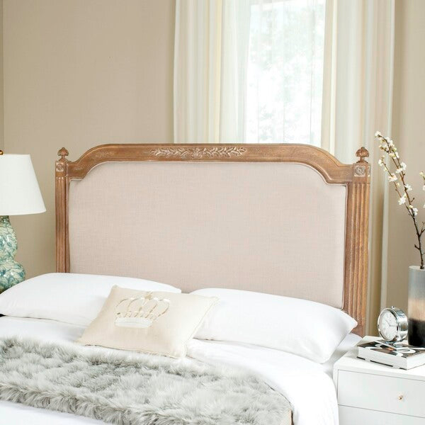 Wood Headboard in Rustic Oak with Beige Linen Upholstery