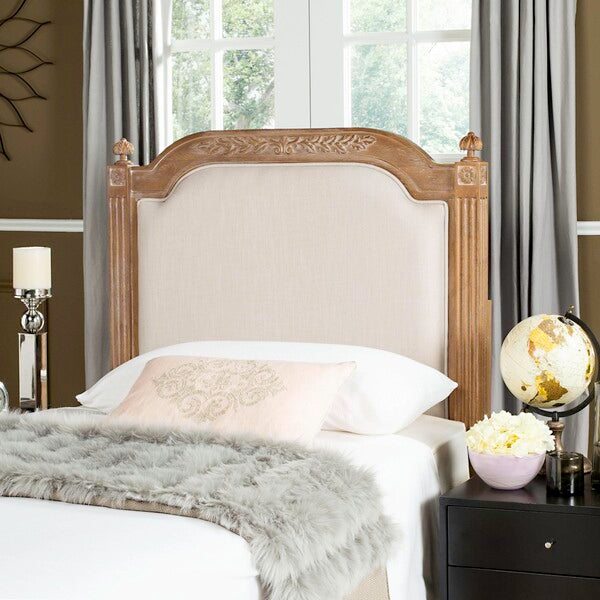 Wood Headboard in Rustic Oak with Beige Linen Upholstery