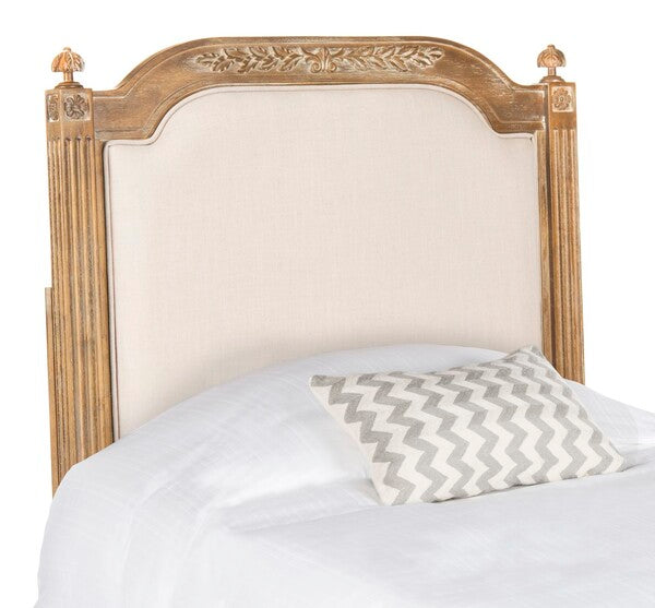 Wood Headboard in Rustic Oak with Beige Linen Upholstery