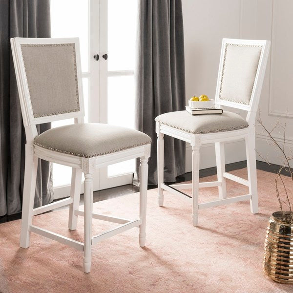 Buchanan Rectangle Counter Stool in Distressed White with Light Gray Upholstery (Set of 2)