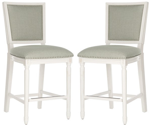 Buchanan Rectangle Counter Stool in Distressed White with Light Gray Upholstery (Set of 2)