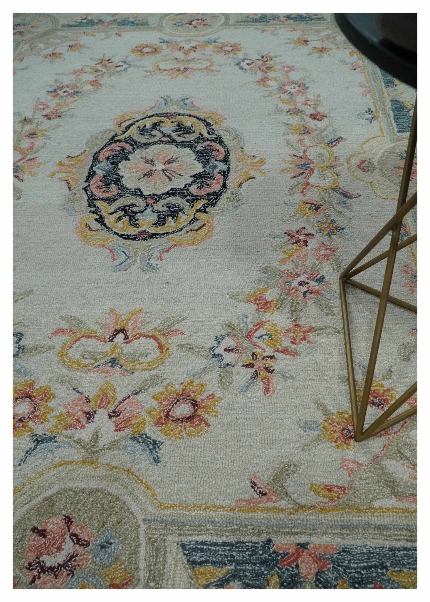 French Design Aubusson Custom Made Ivory, Light Green and Charcoal Hand Tufted wool Area Rug - The Rug Decor
